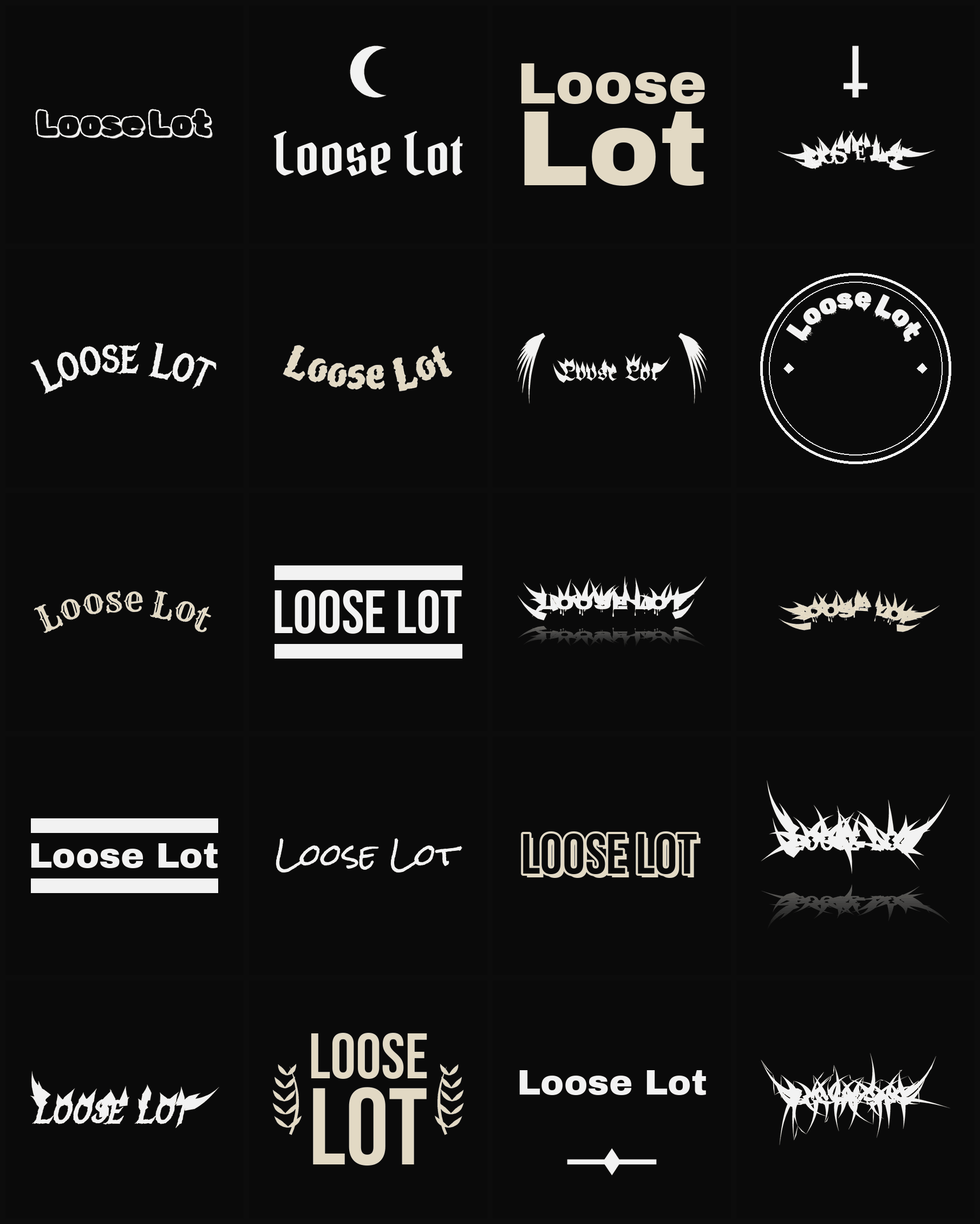 Twenty Loose Lot band logo ideas — different faces, treatments and spike settings