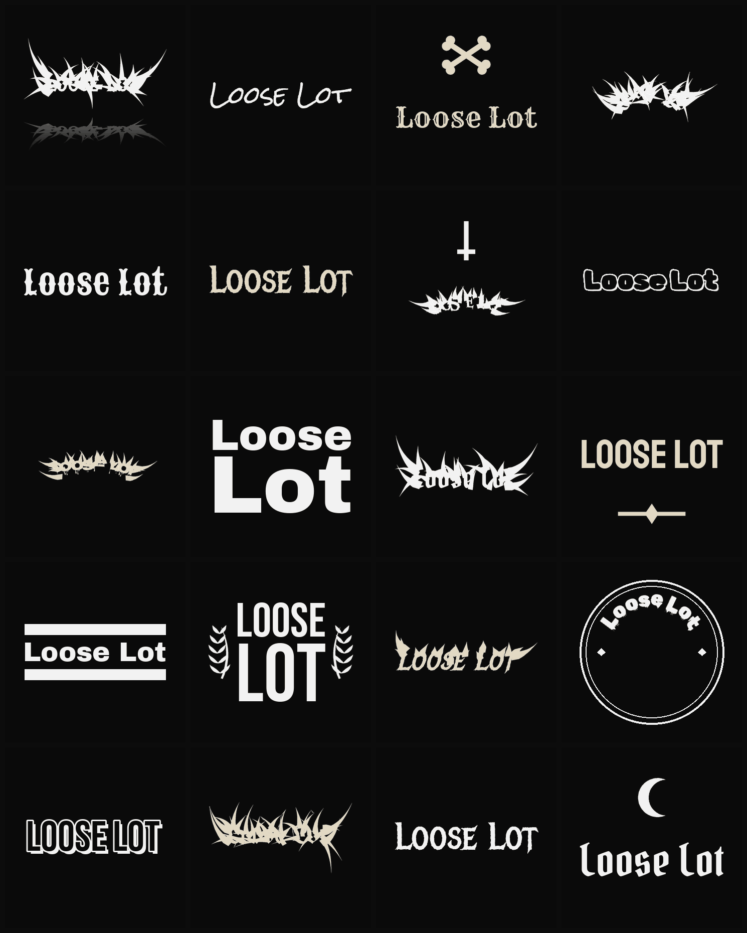 Twenty Loose Lot band logo ideas — different faces, treatments and spike settings