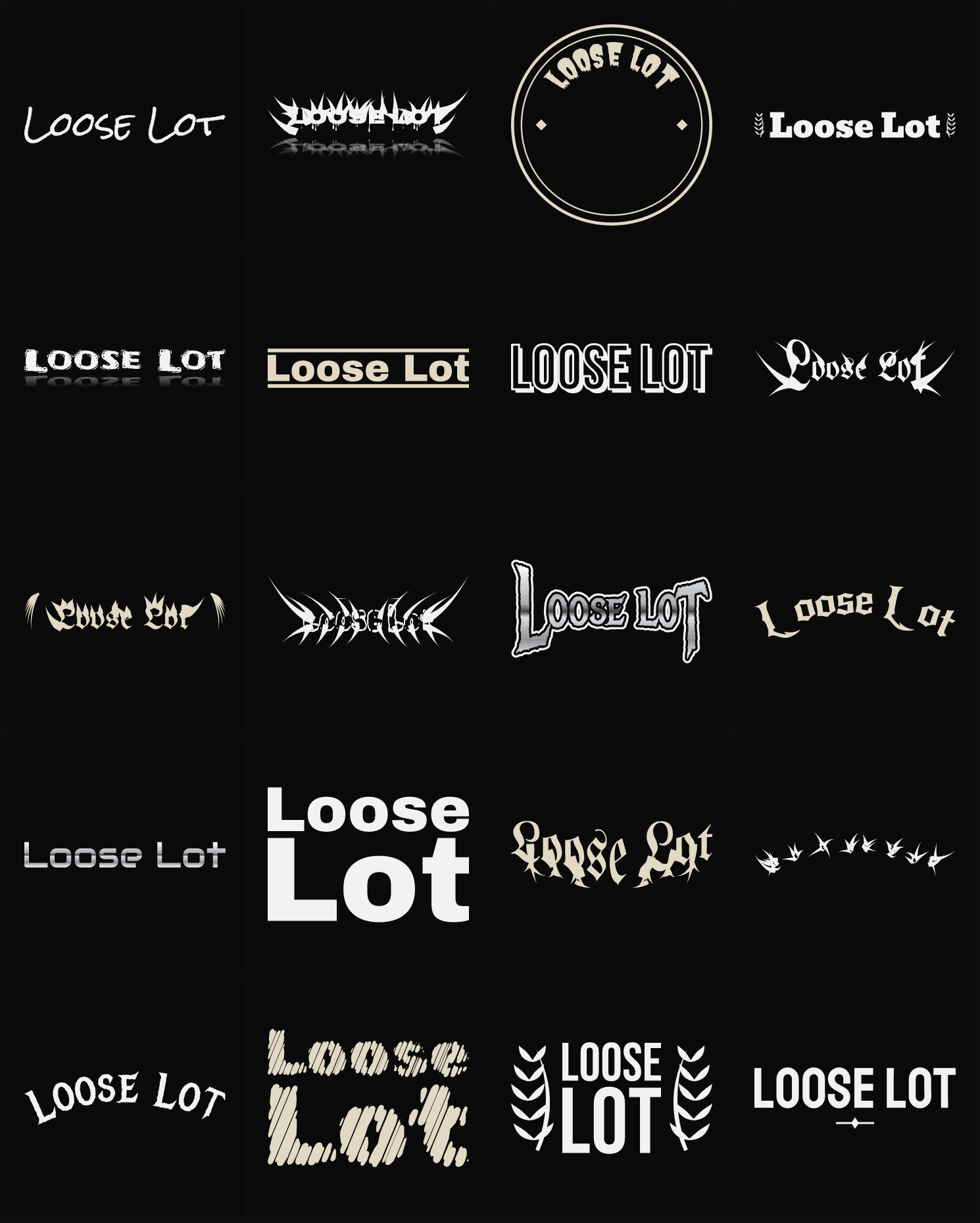 Twenty Loose Lot band logo ideas — different faces, treatments and spike settings
