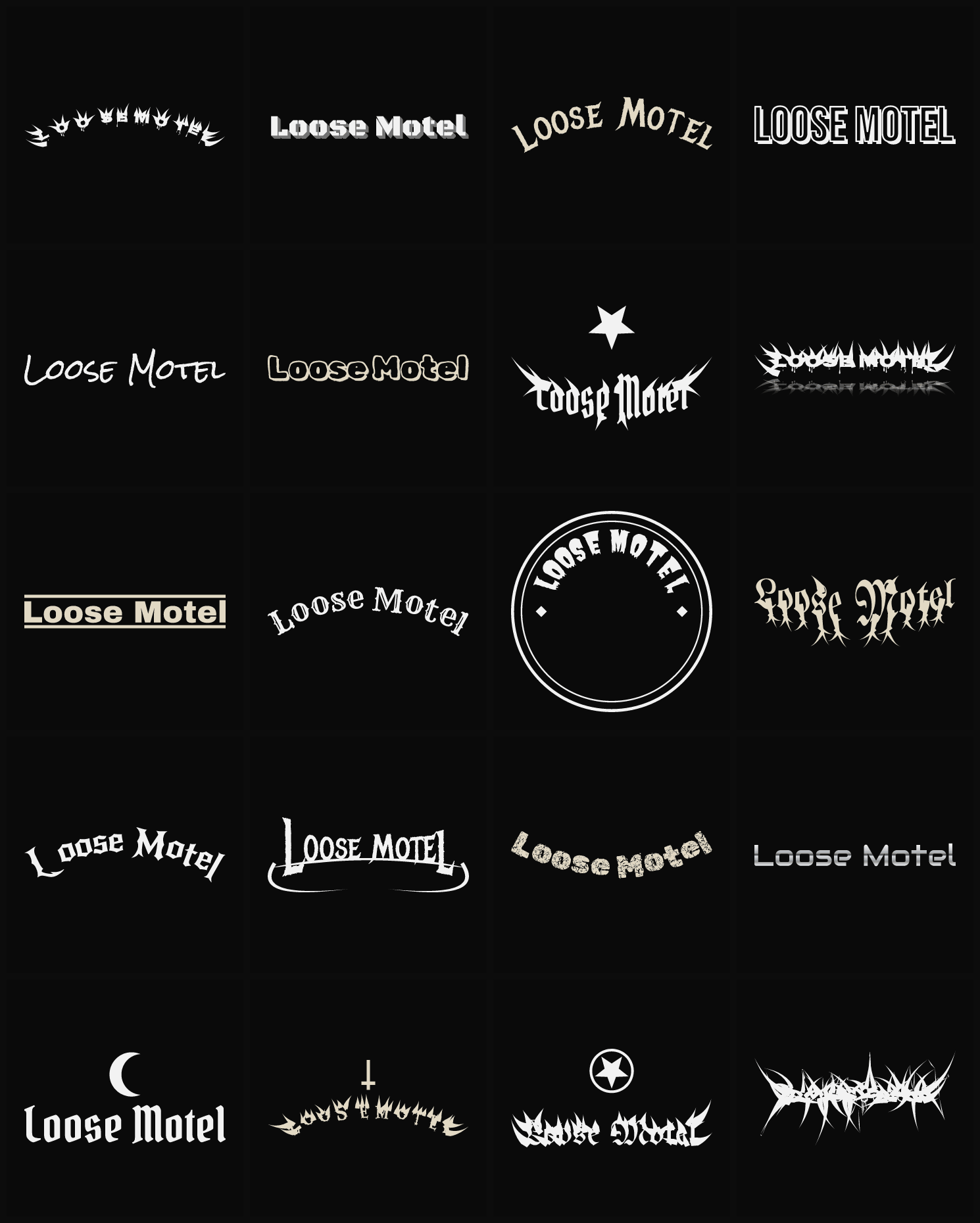 Twenty Loose Motel band logo ideas — different faces, treatments and spike settings