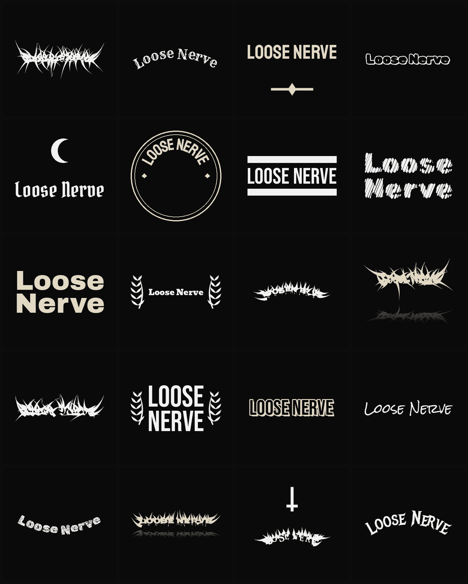 Twenty Loose Nerve band logo ideas — different faces, treatments and spike settings