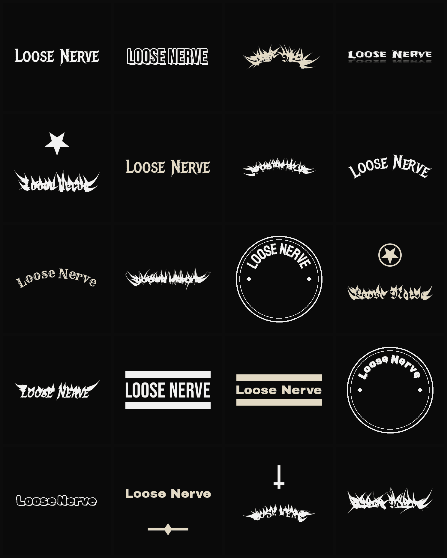 Twenty Loose Nerve band logo ideas — different faces, treatments and spike settings