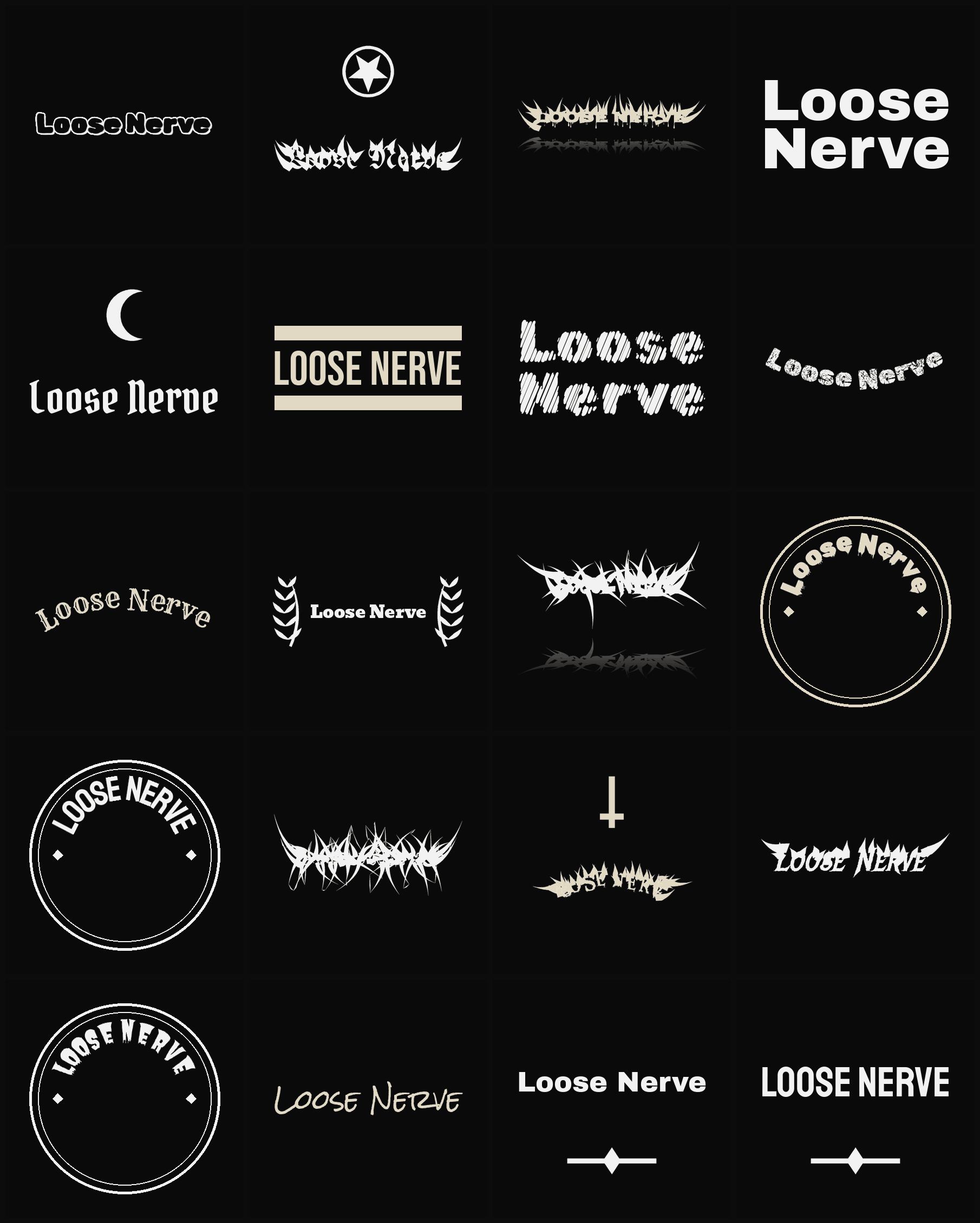 Twenty Loose Nerve band logo ideas — different faces, treatments and spike settings