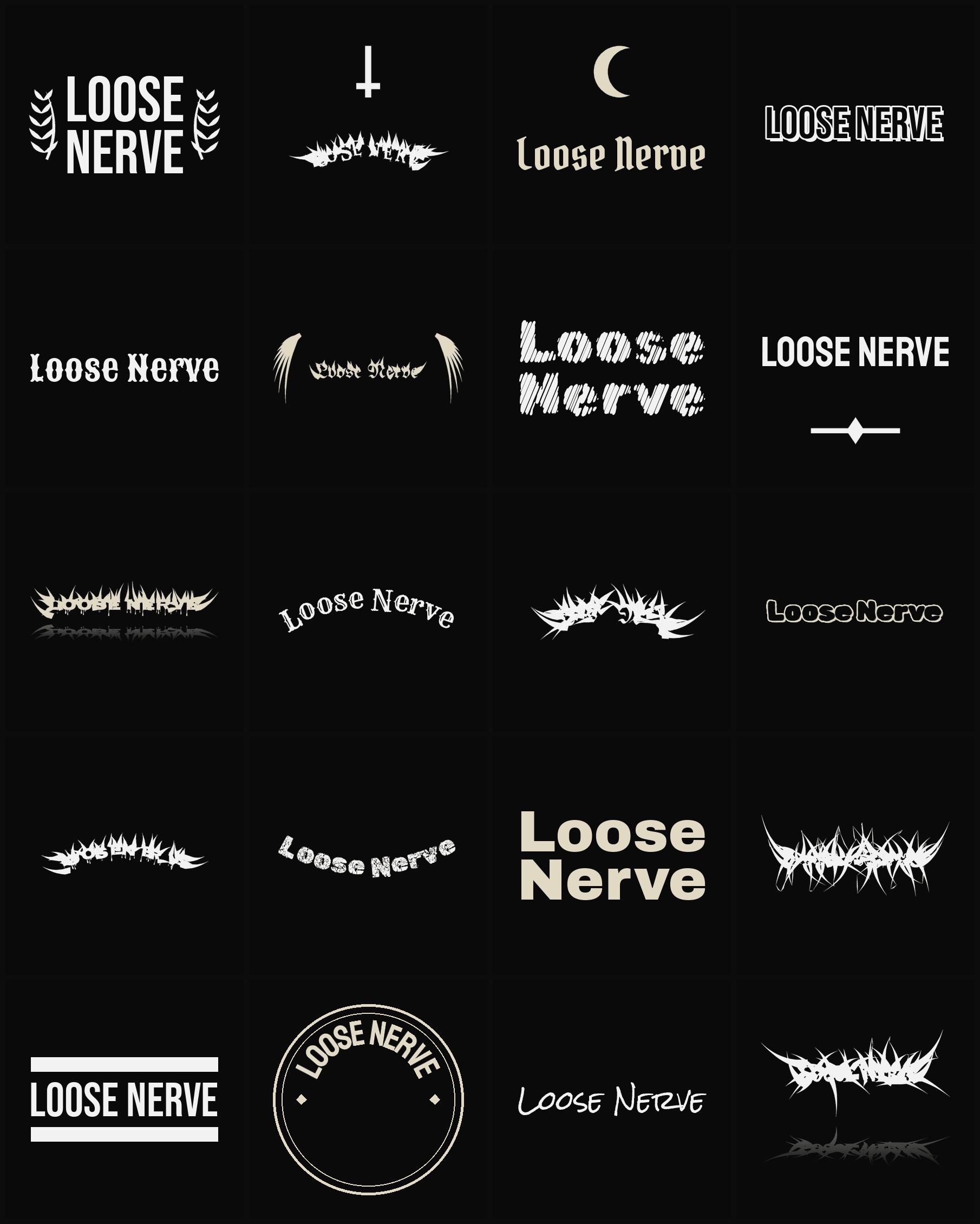 Twenty Loose Nerve band logo ideas — different faces, treatments and spike settings