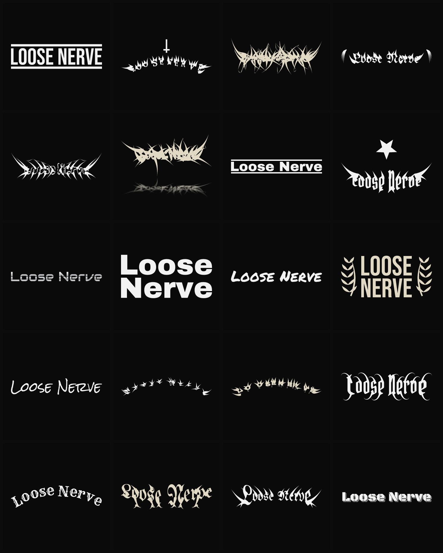 Twenty Loose Nerve band logo ideas — different faces, treatments and spike settings