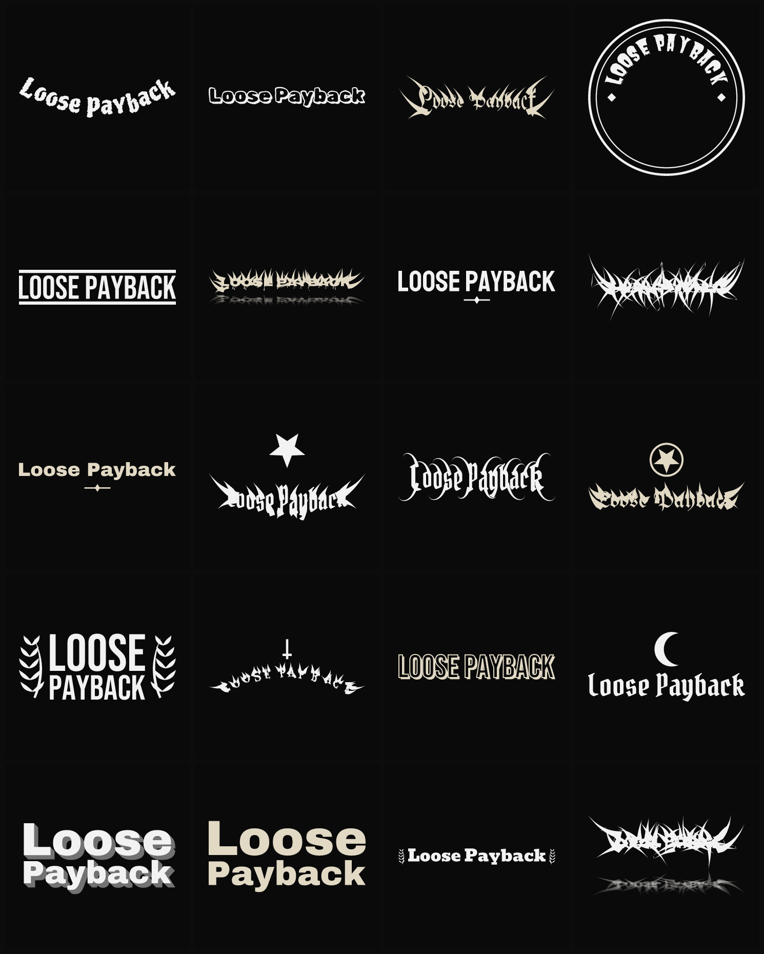 Twenty Loose Payback band logo ideas — different faces, treatments and spike settings