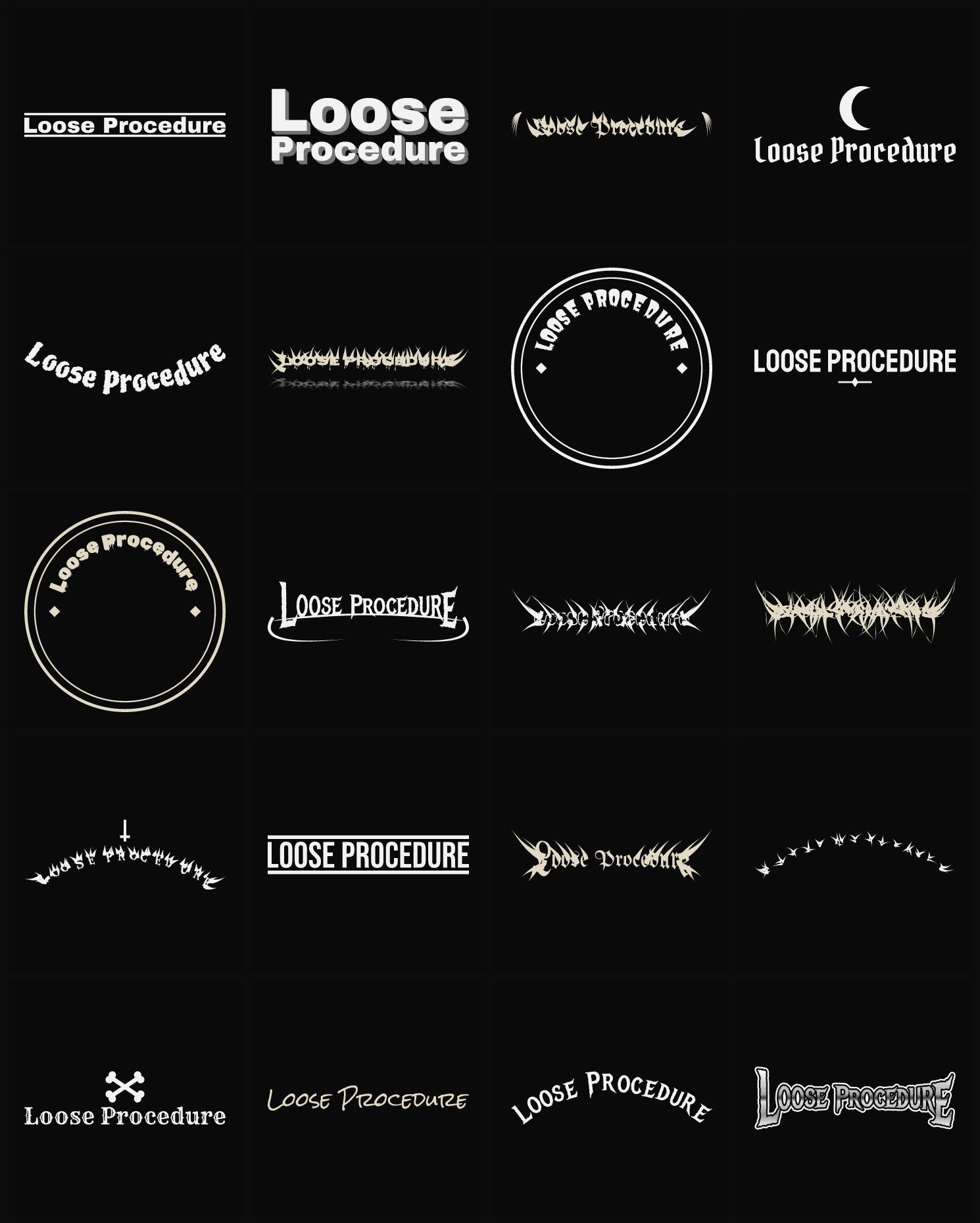 Twenty Loose Procedure band logo ideas — different faces, treatments and spike settings