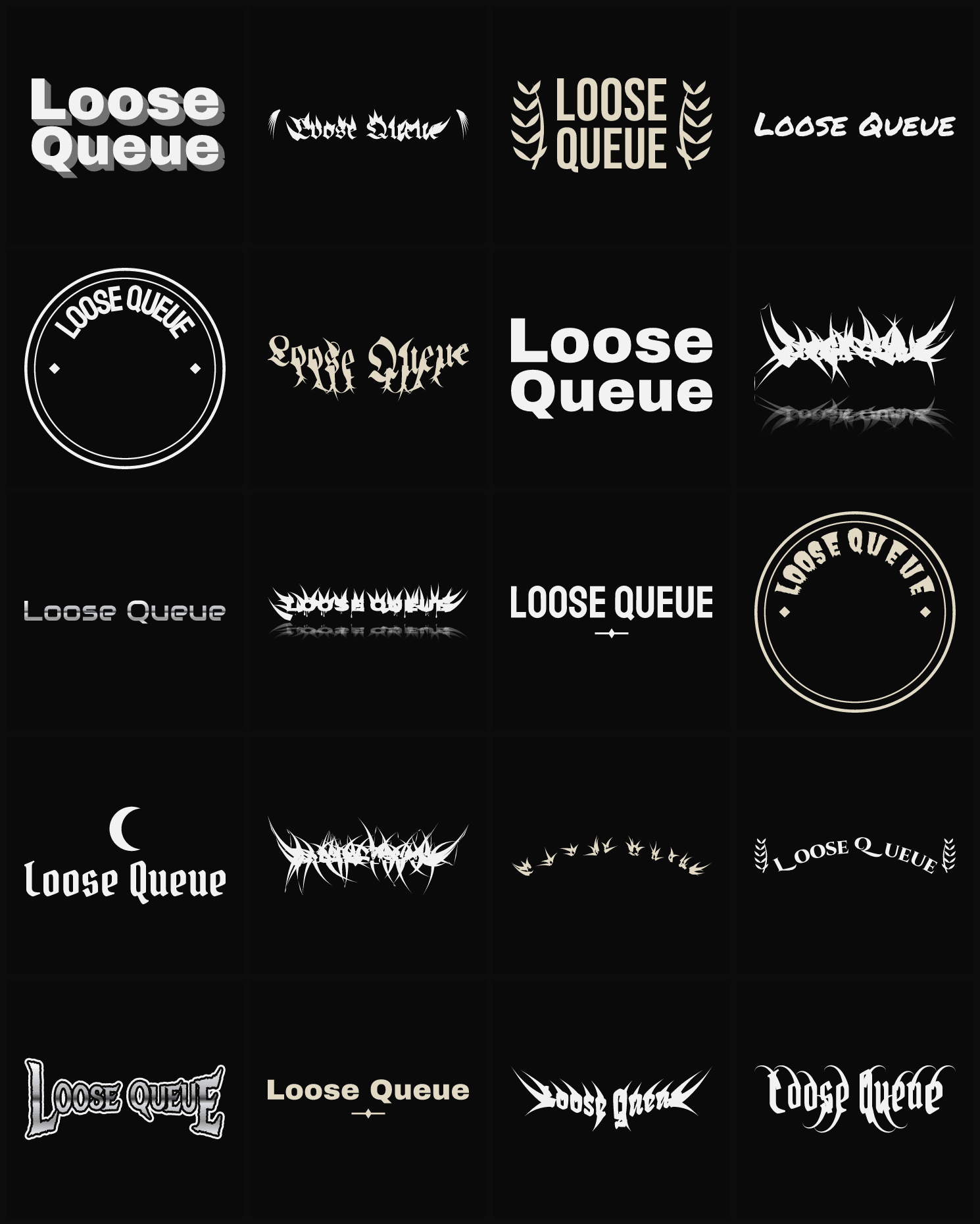 Twenty Loose Queue band logo ideas — different faces, treatments and spike settings