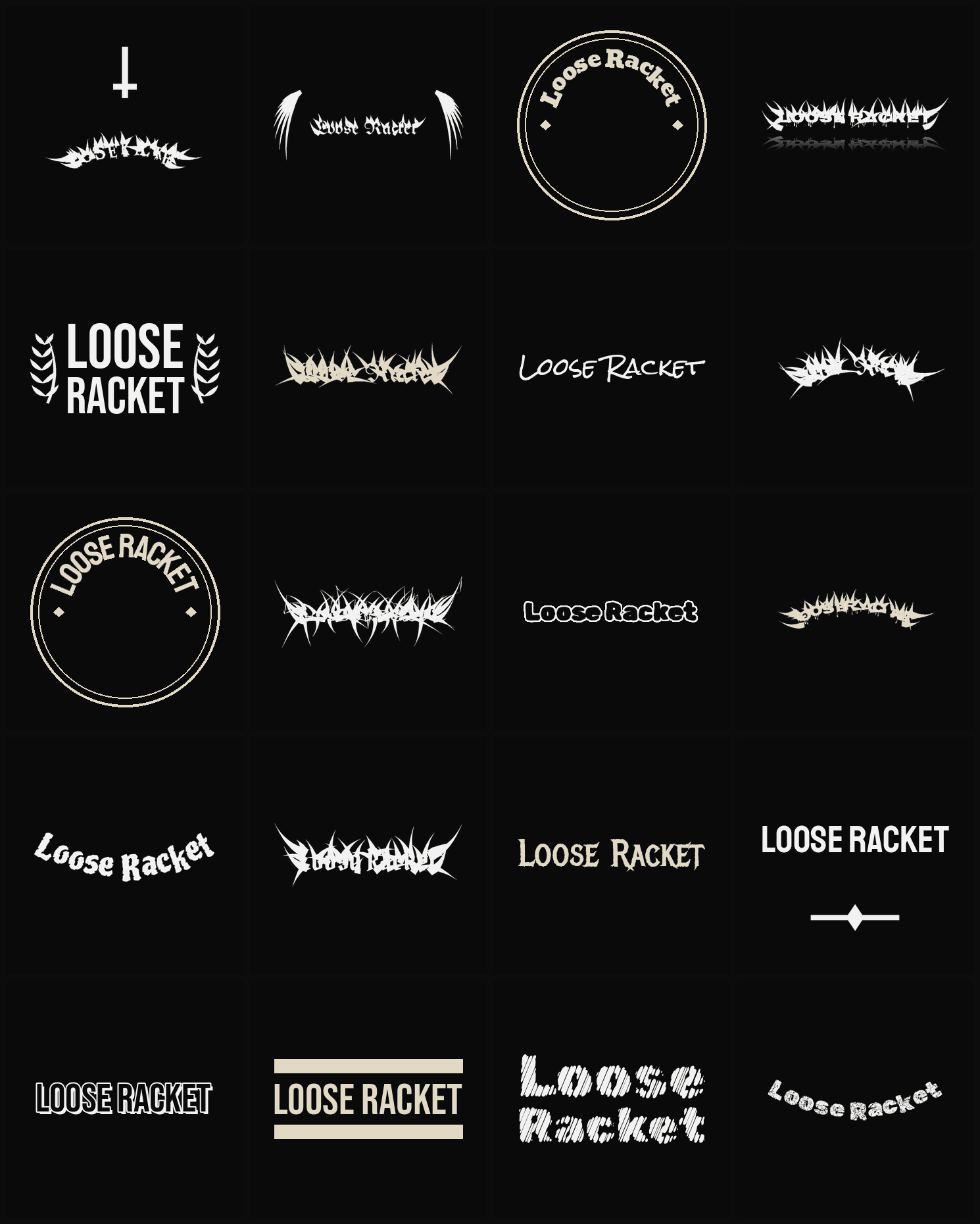 Twenty Loose Racket band logo ideas — different faces, treatments and spike settings
