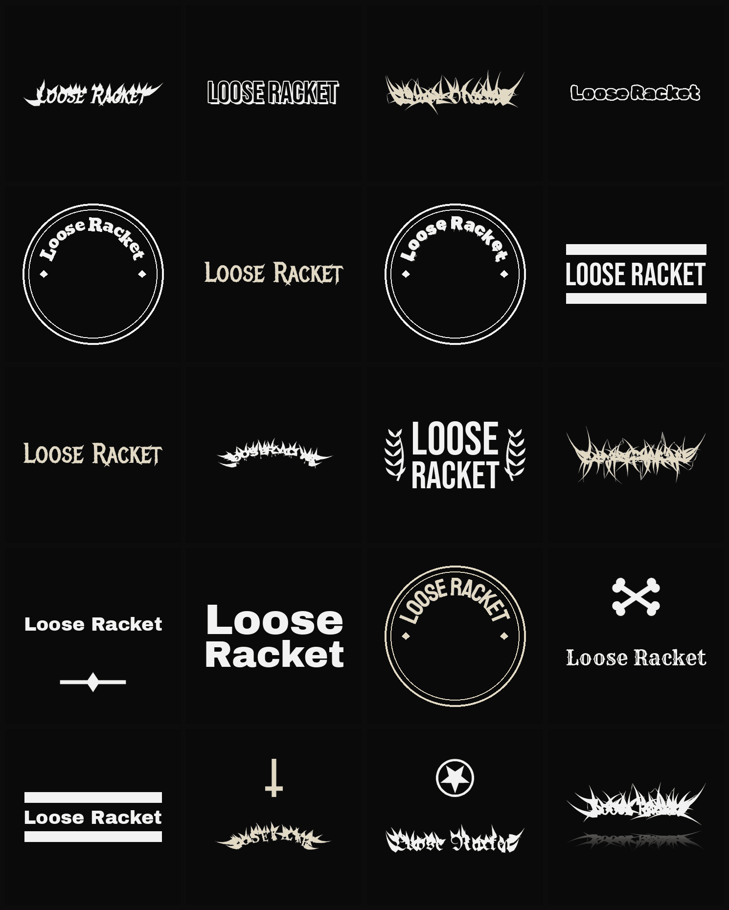 Twenty Loose Racket band logo ideas — different faces, treatments and spike settings