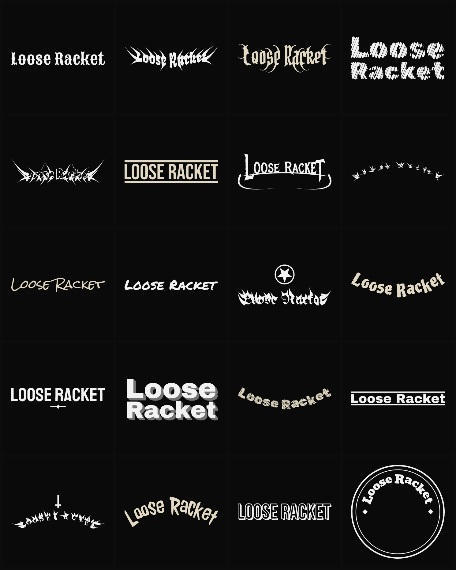Twenty Loose Racket band logo ideas — different faces, treatments and spike settings