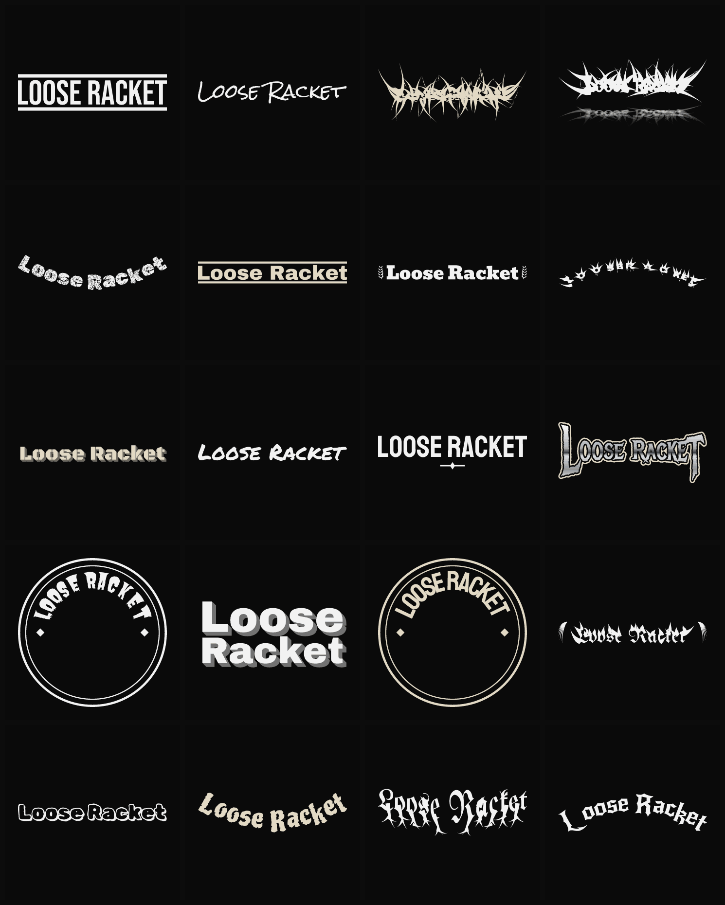 Twenty Loose Racket band logo ideas — different faces, treatments and spike settings