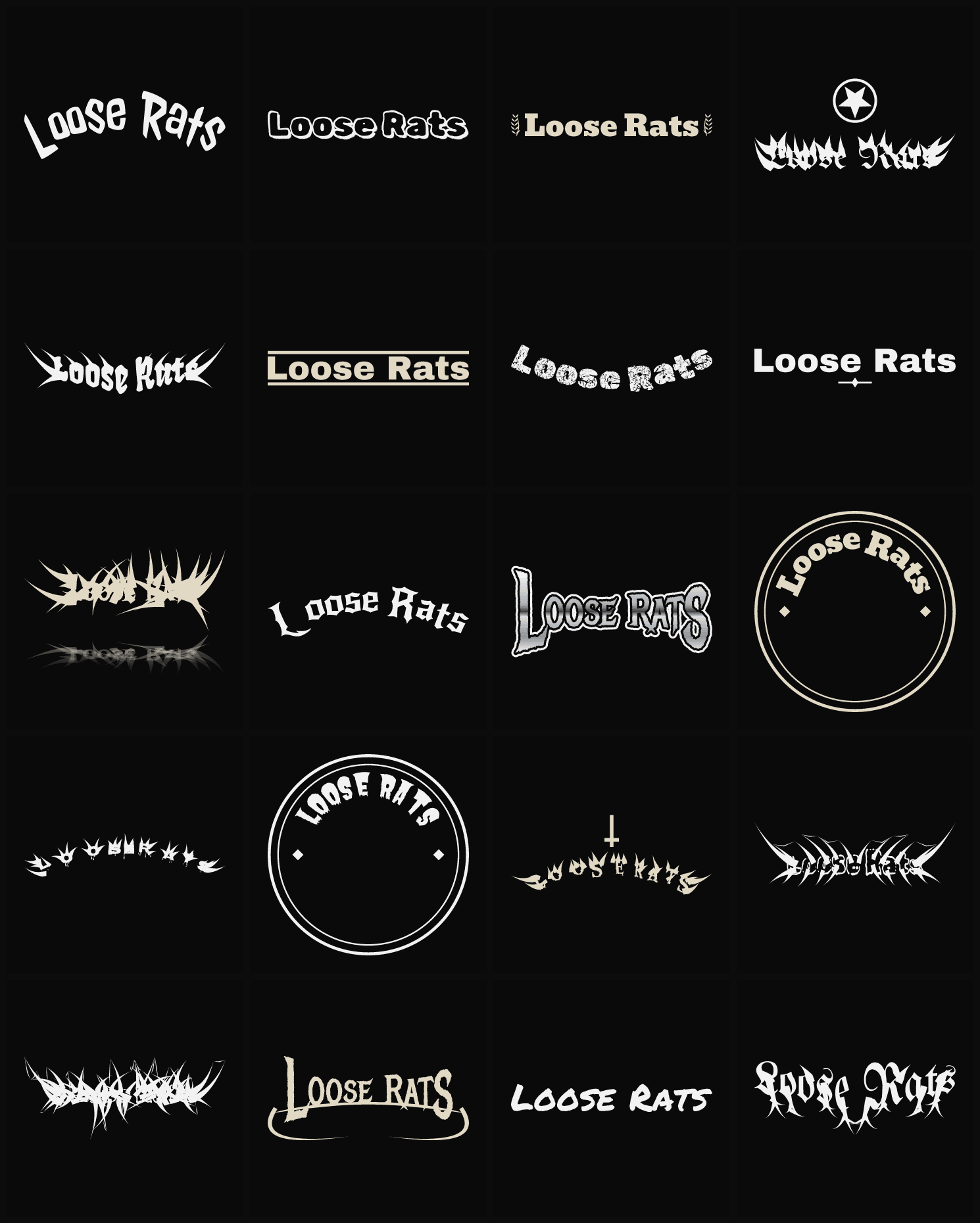 Twenty Loose Rats band logo ideas — different faces, treatments and spike settings