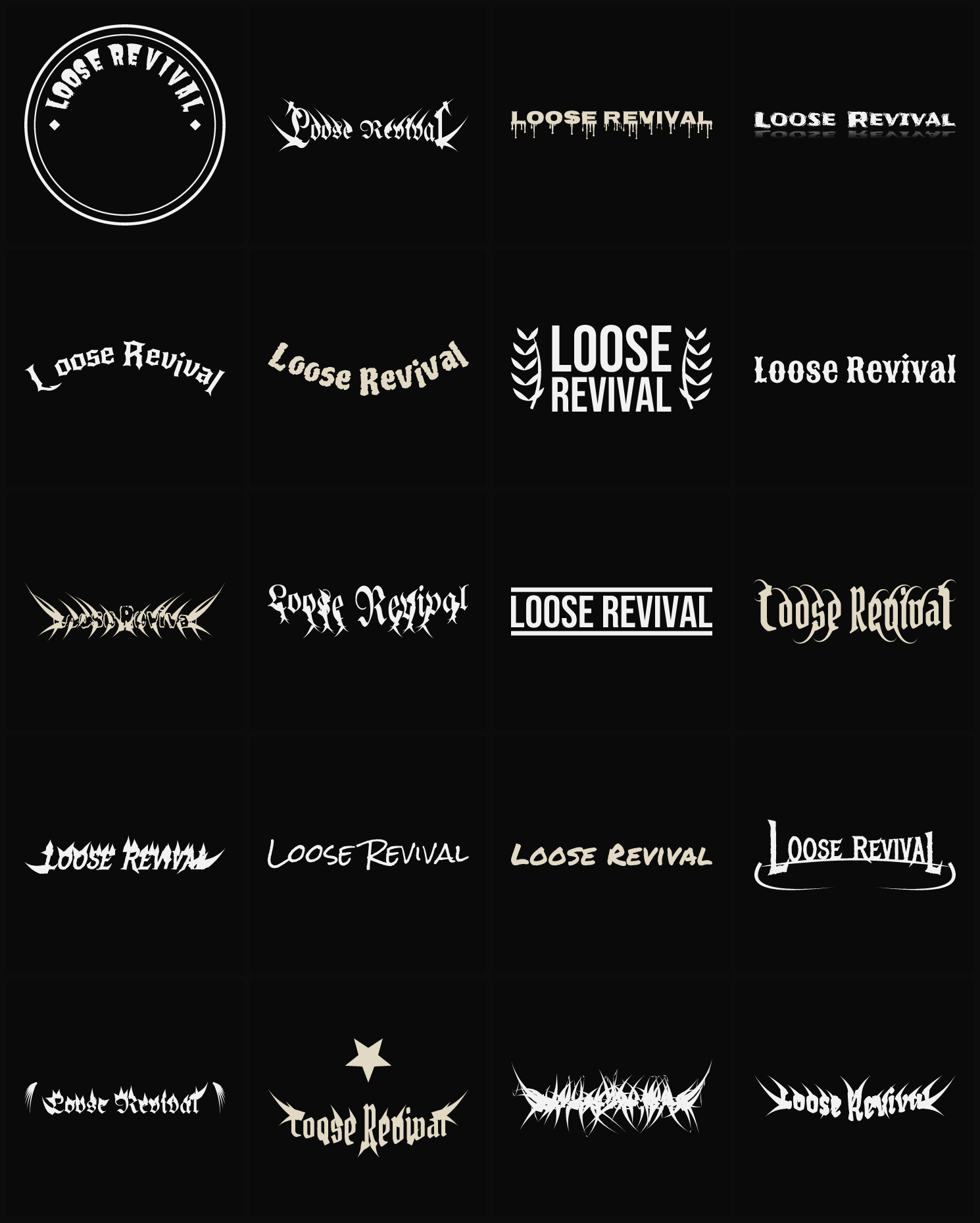 Twenty Loose Revival band logo ideas — different faces, treatments and spike settings
