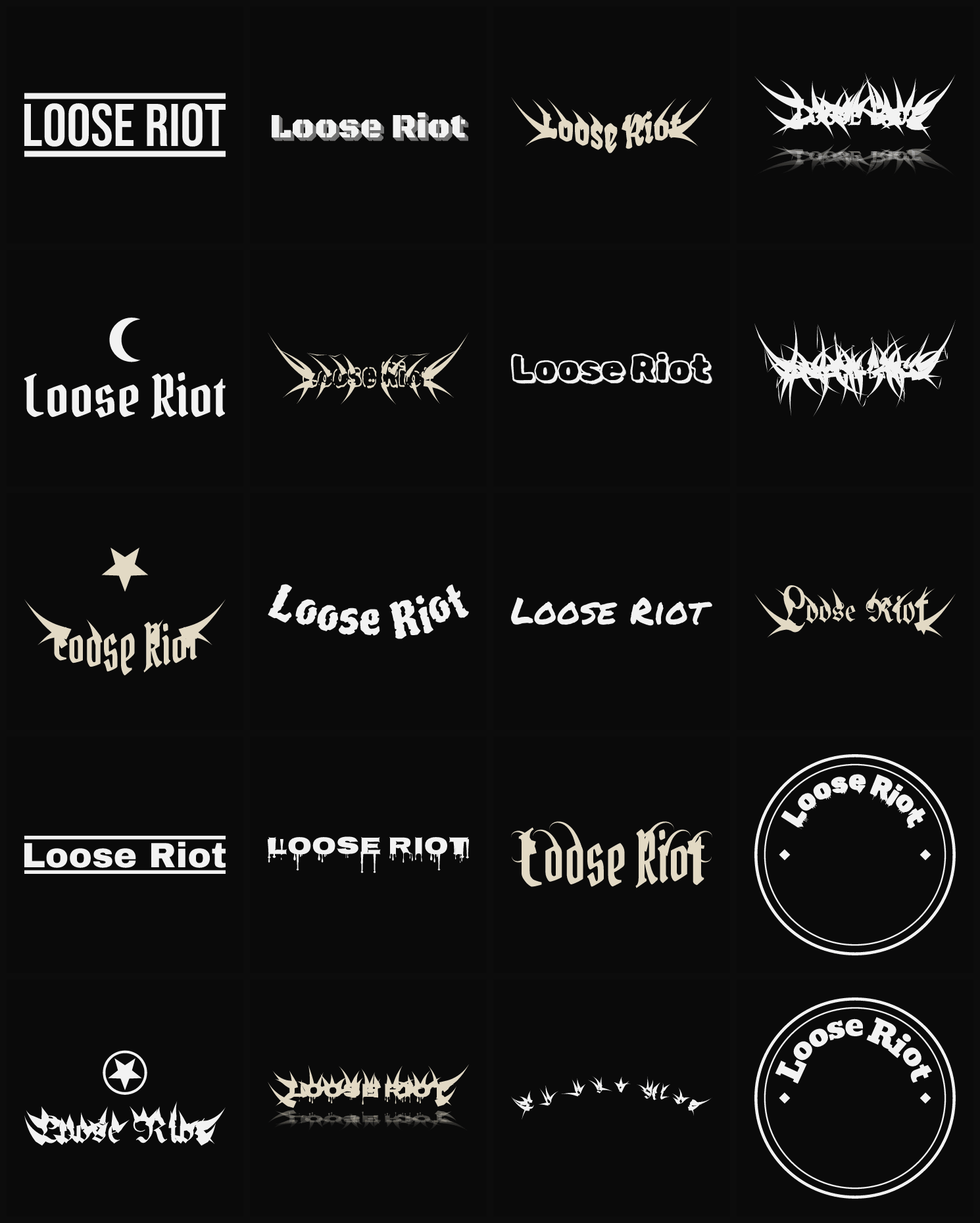 Twenty Loose Riot band logo ideas — different faces, treatments and spike settings