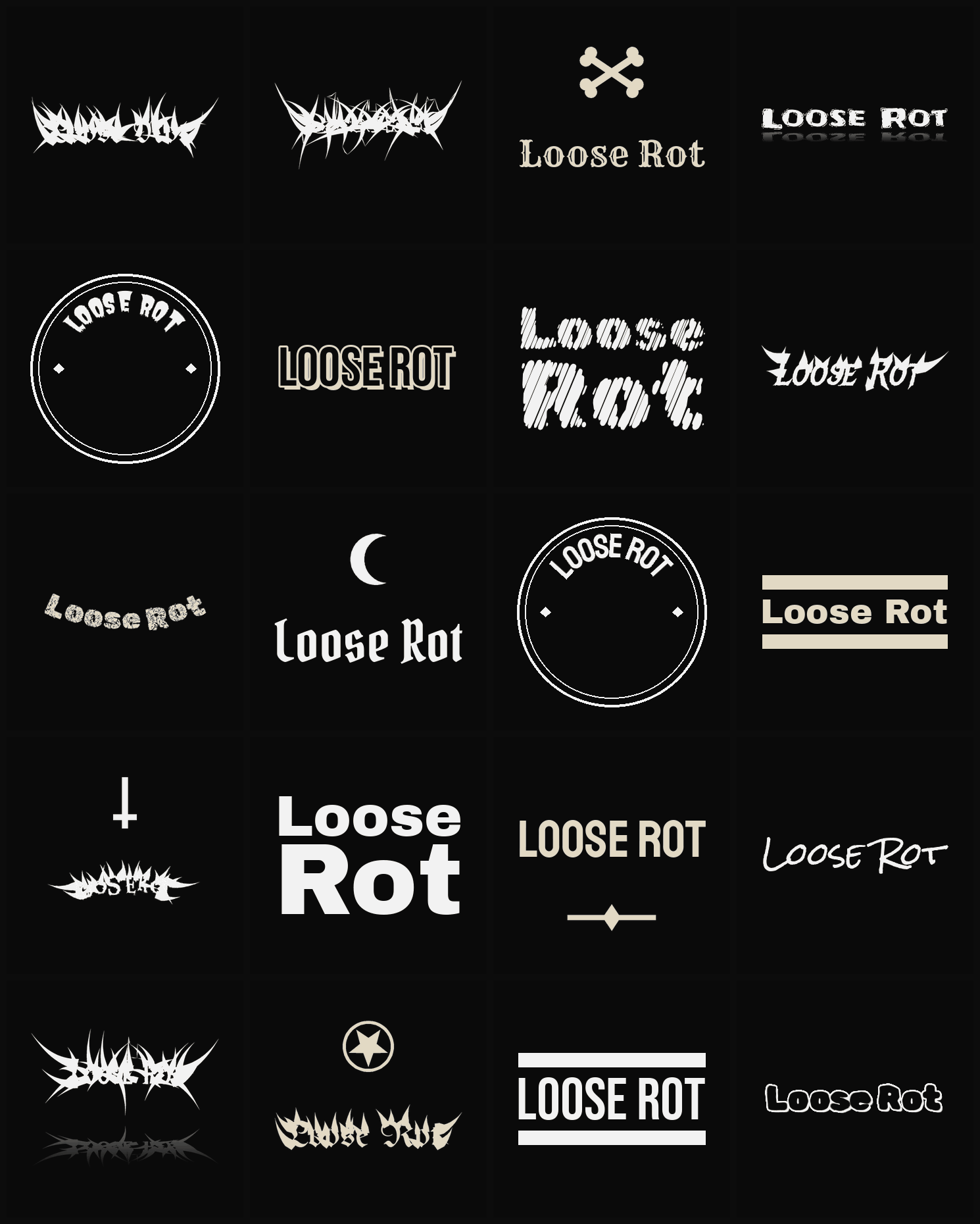 Twenty Loose Rot band logo ideas — different faces, treatments and spike settings