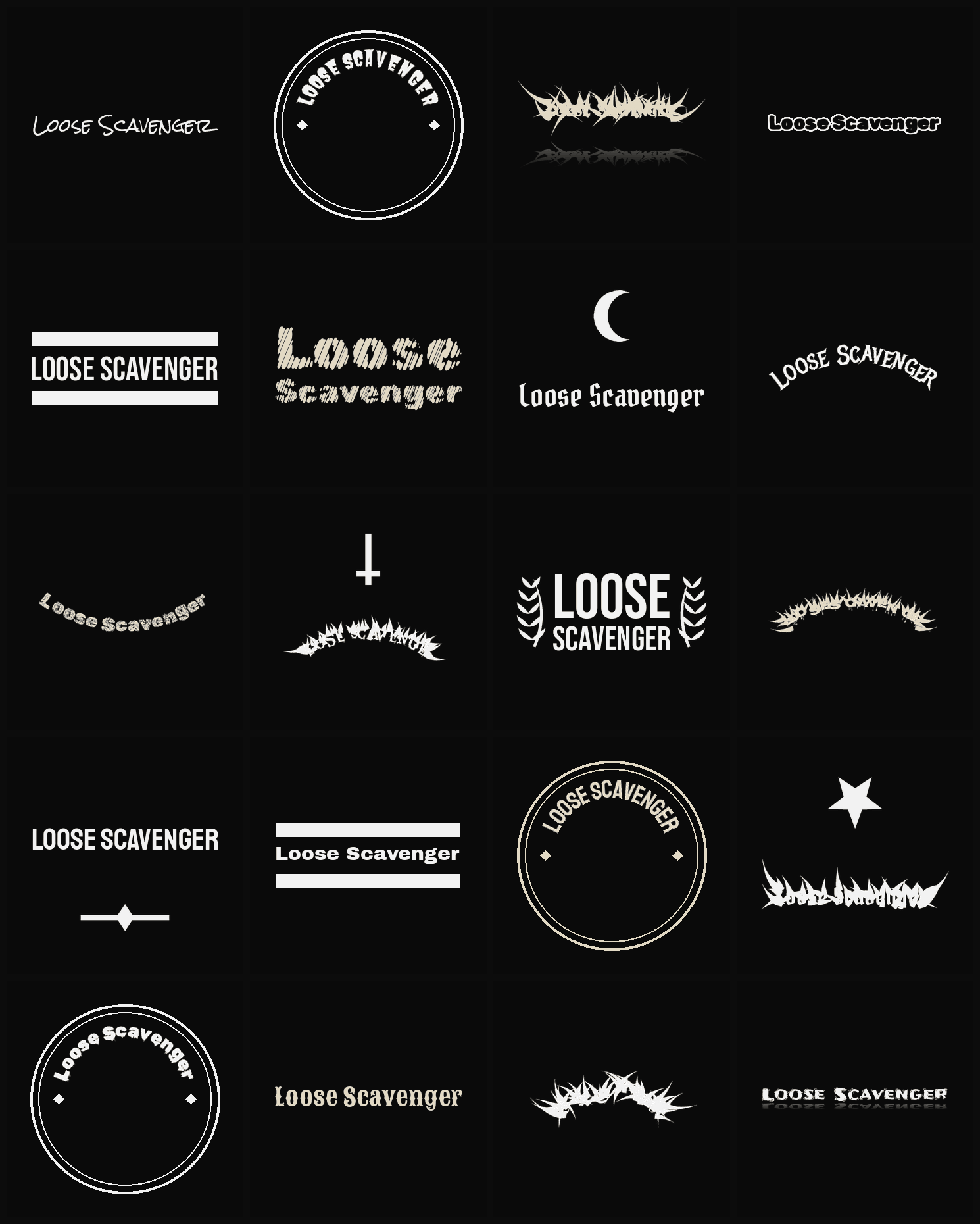Twenty Loose Scavenger band logo ideas — different faces, treatments and spike settings