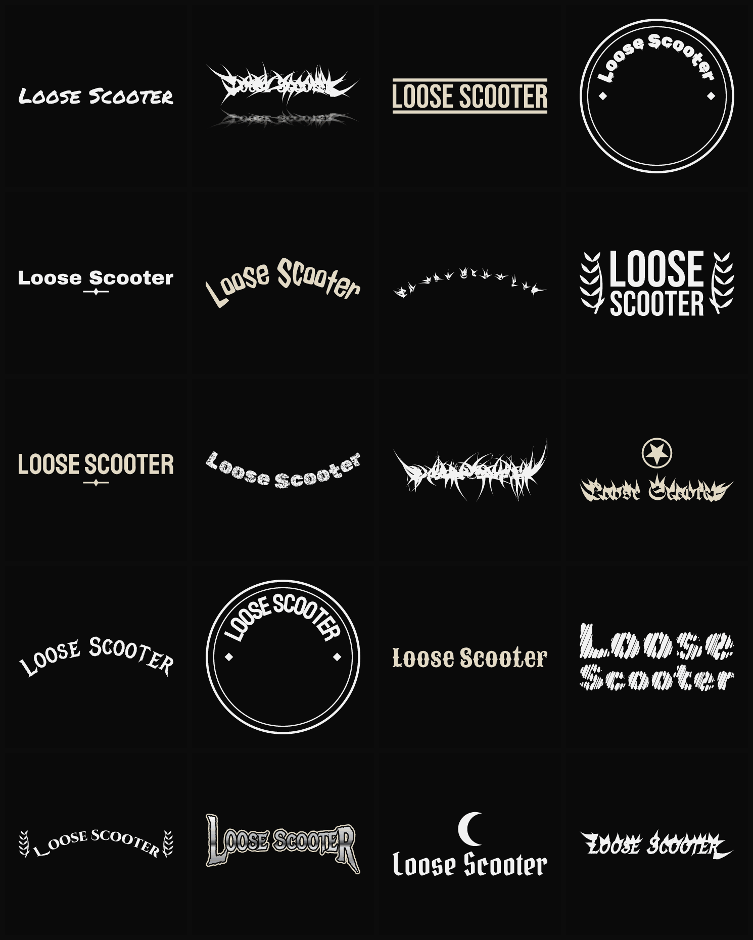 Twenty Loose Scooter band logo ideas — different faces, treatments and spike settings