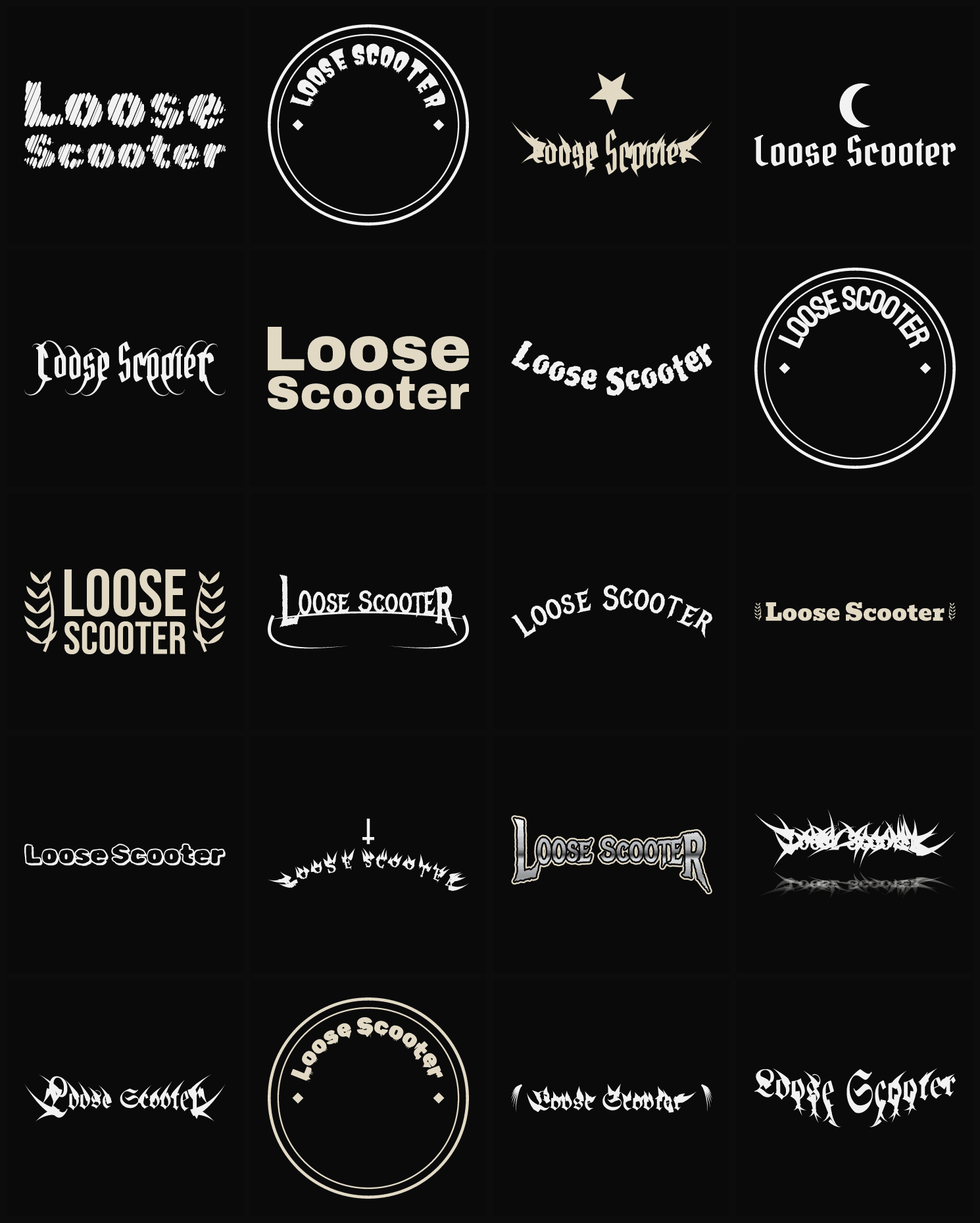 Twenty Loose Scooter band logo ideas — different faces, treatments and spike settings