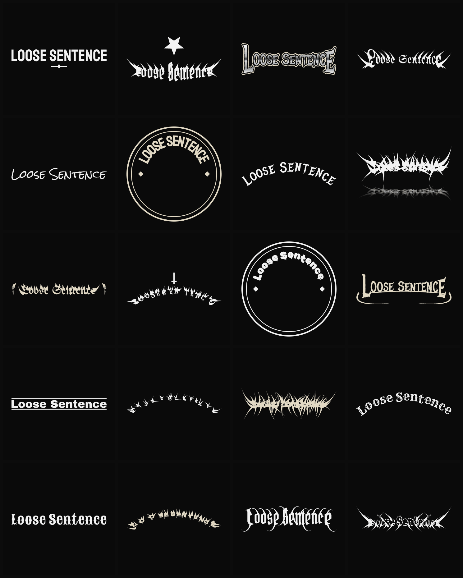 Twenty Loose Sentence band logo ideas — different faces, treatments and spike settings
