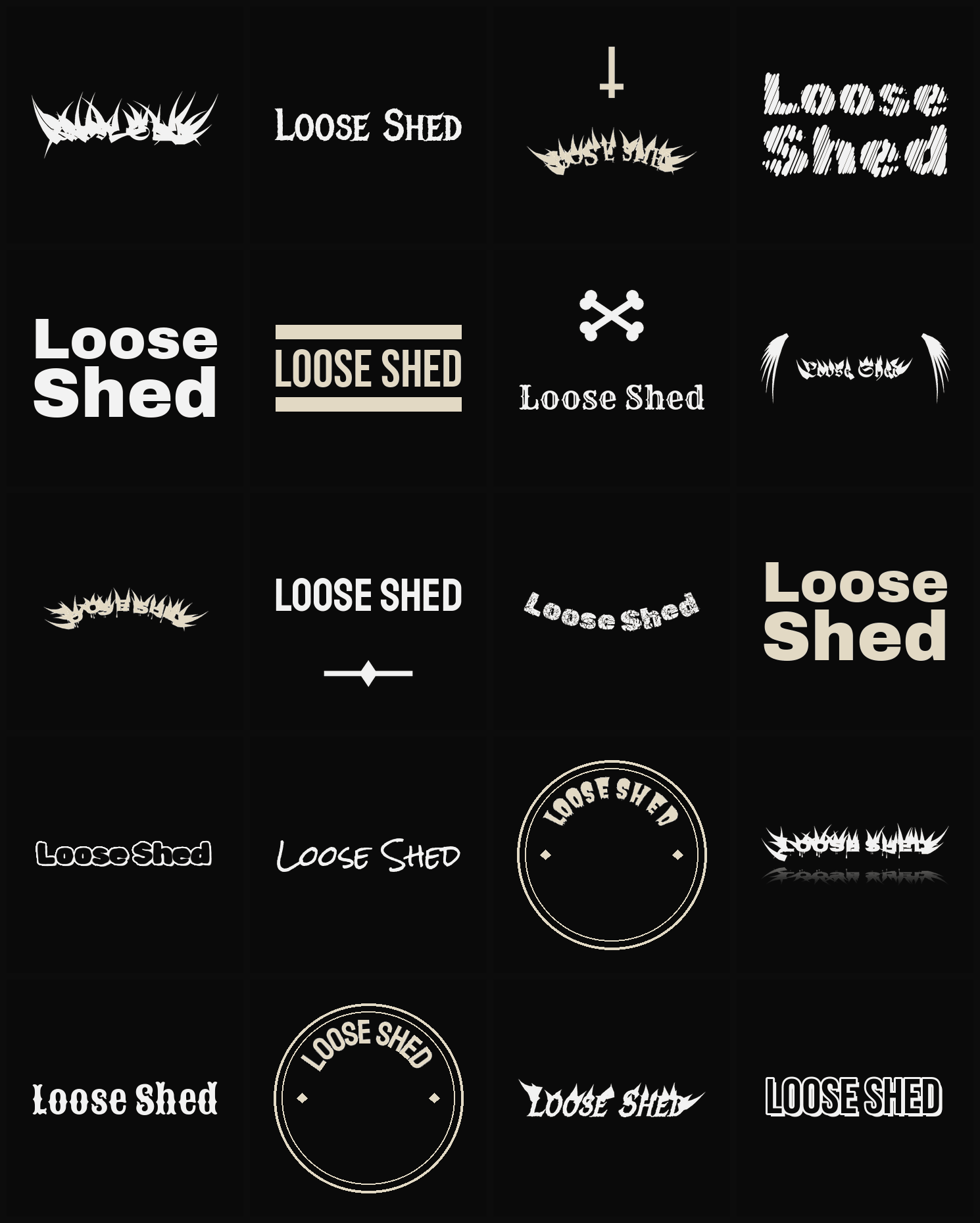 Twenty Loose Shed band logo ideas — different faces, treatments and spike settings