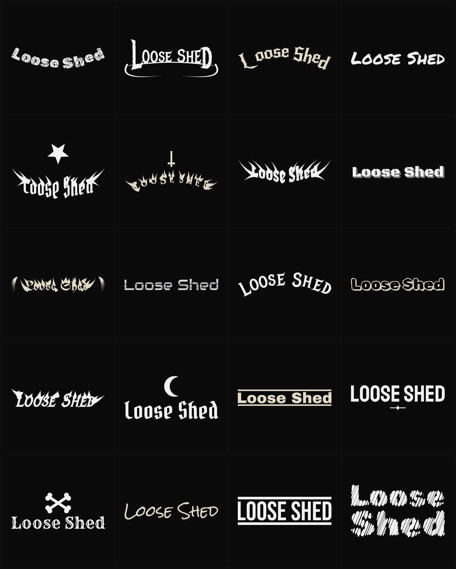 Twenty Loose Shed band logo ideas — different faces, treatments and spike settings