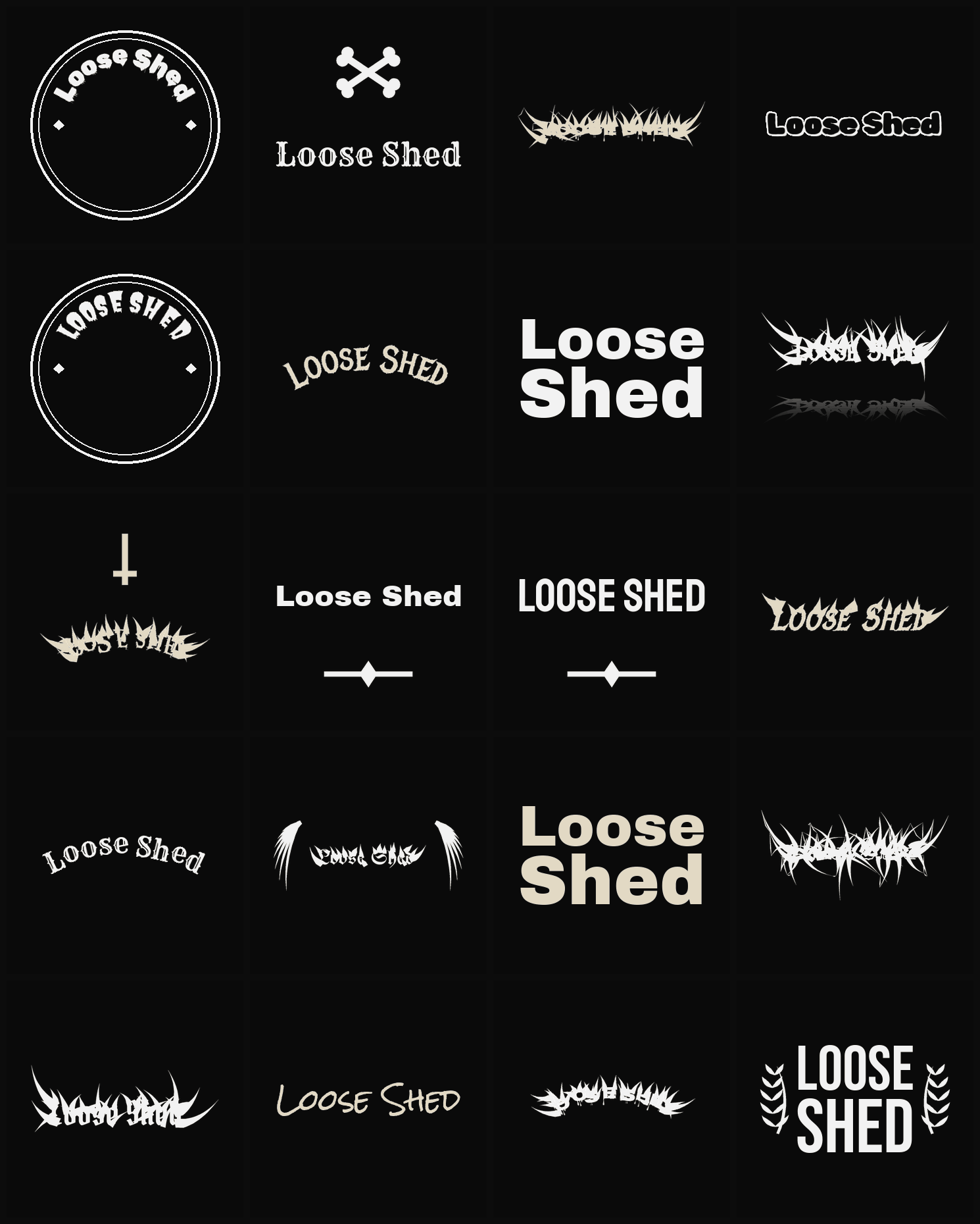 Twenty Loose Shed band logo ideas — different faces, treatments and spike settings