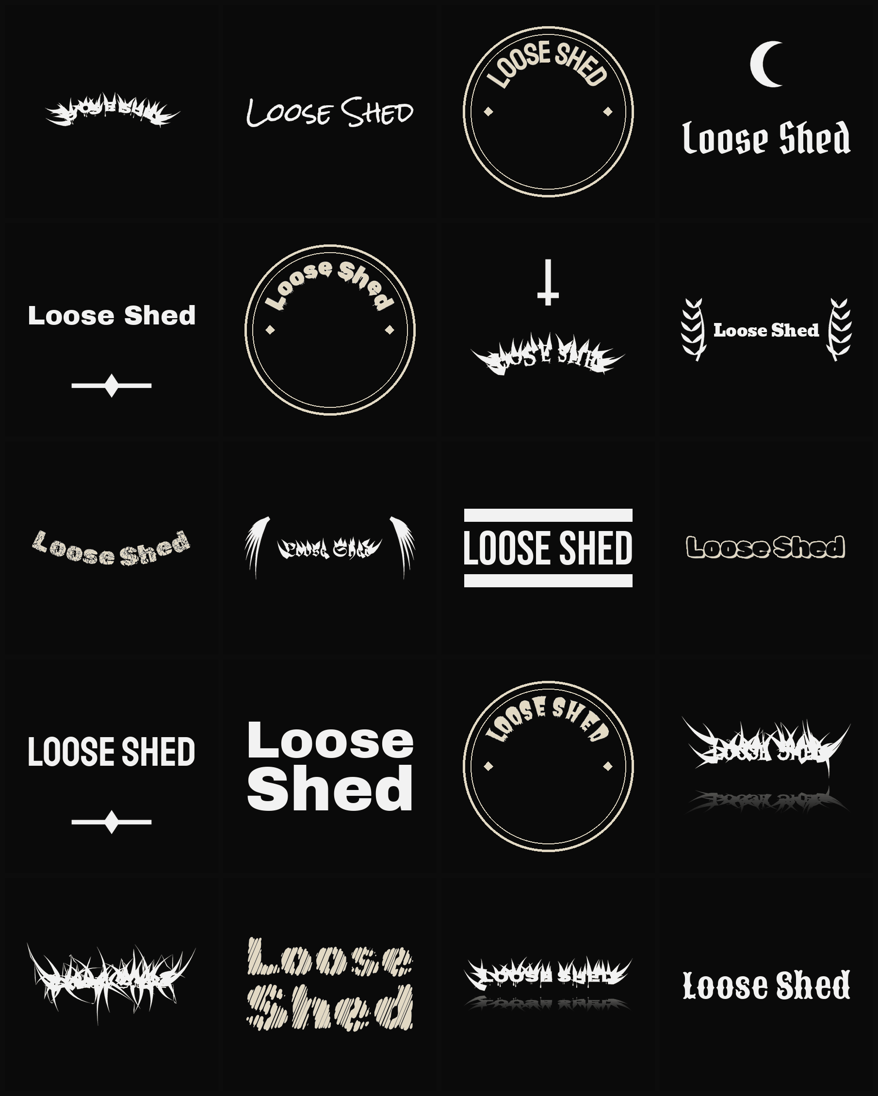 Twenty Loose Shed band logo ideas — different faces, treatments and spike settings