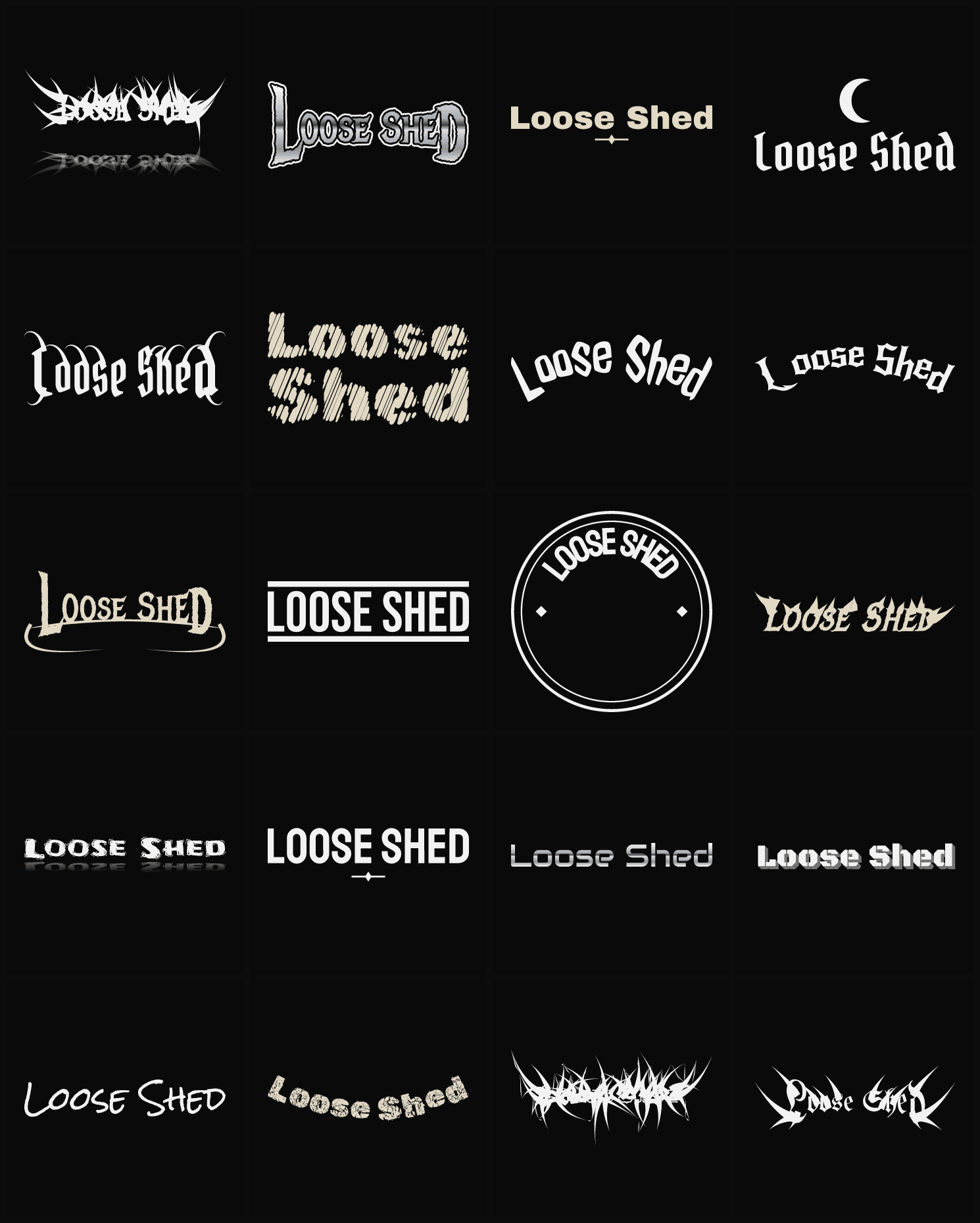 Twenty Loose Shed band logo ideas — different faces, treatments and spike settings