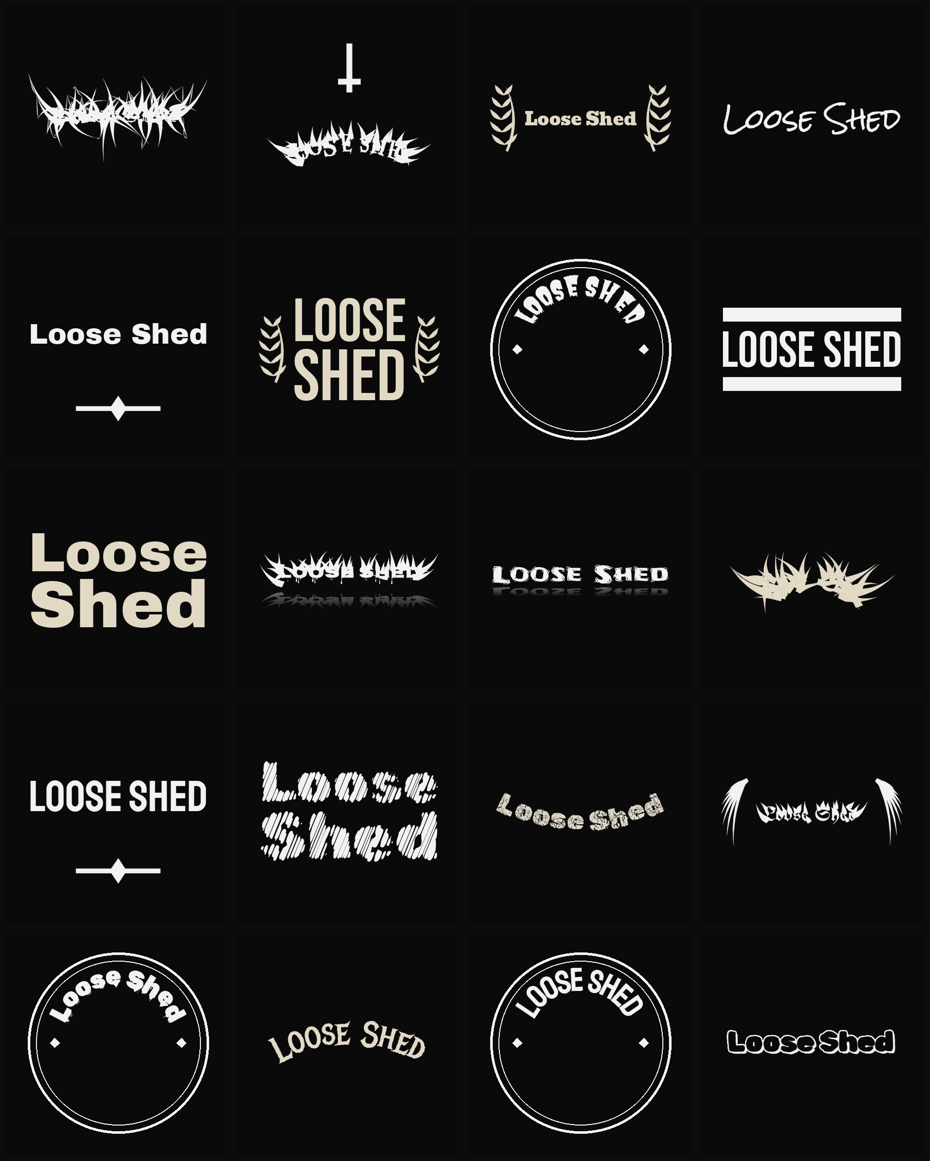 Twenty Loose Shed band logo ideas — different faces, treatments and spike settings