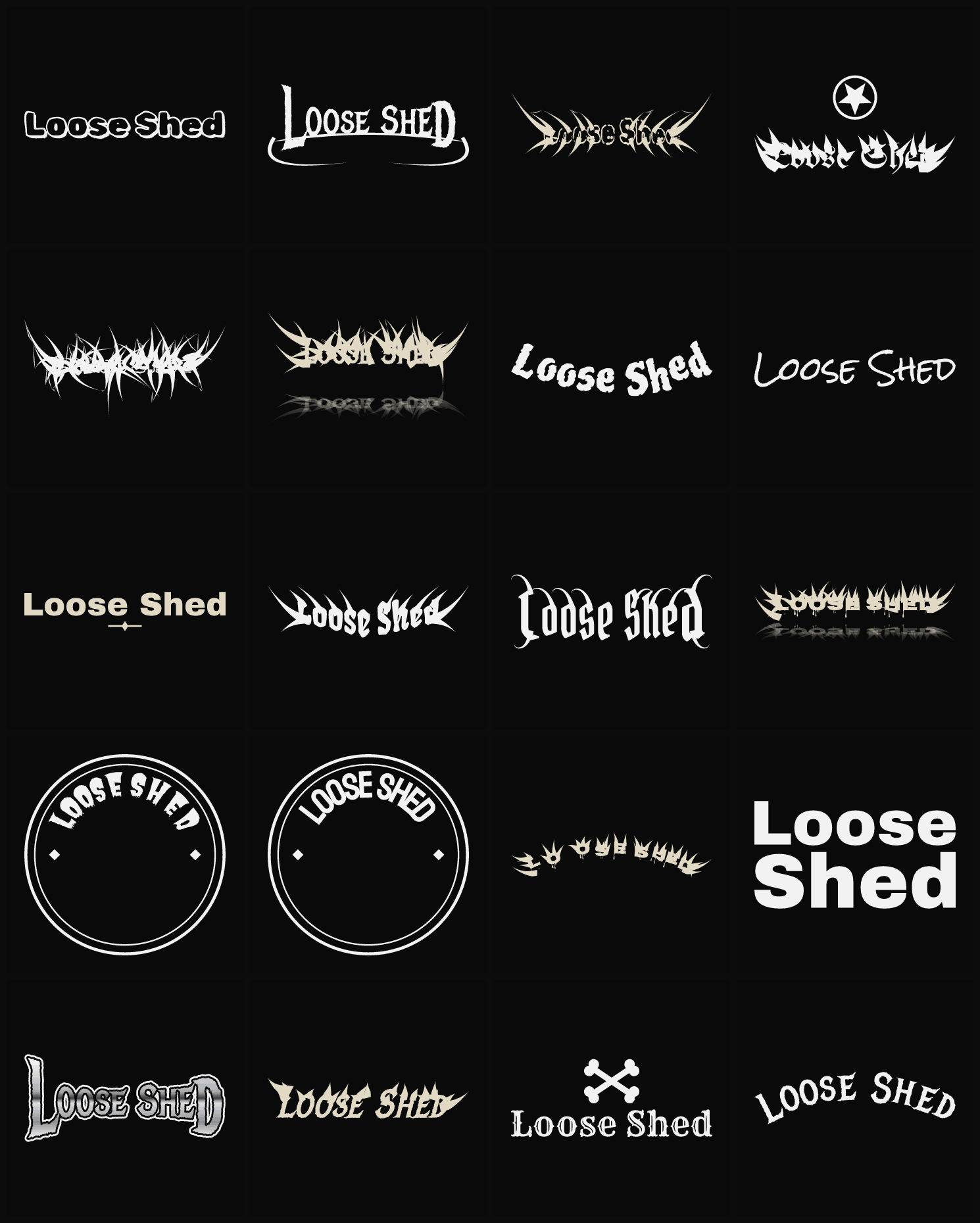 Twenty Loose Shed band logo ideas — different faces, treatments and spike settings