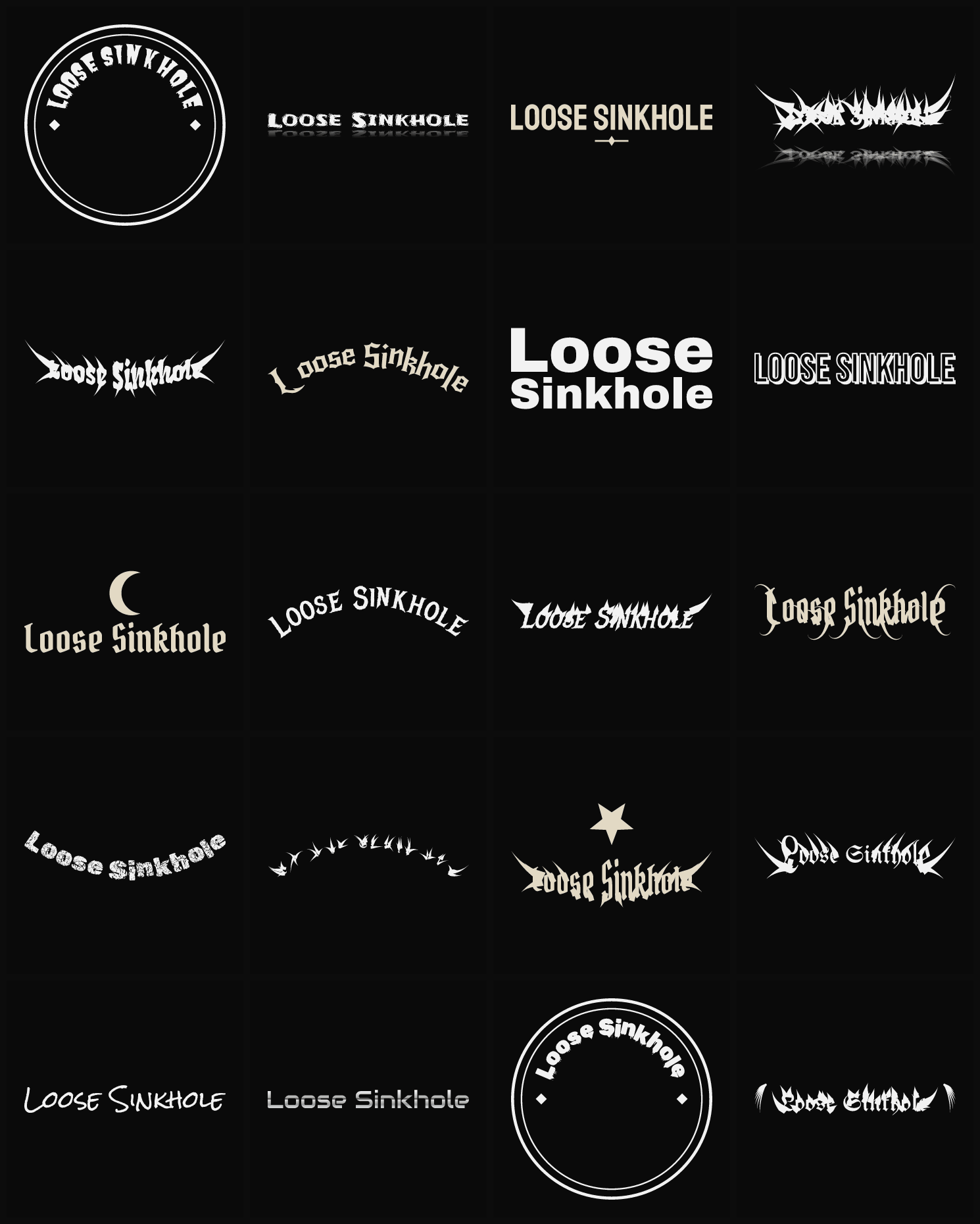 Twenty Loose Sinkhole band logo ideas — different faces, treatments and spike settings
