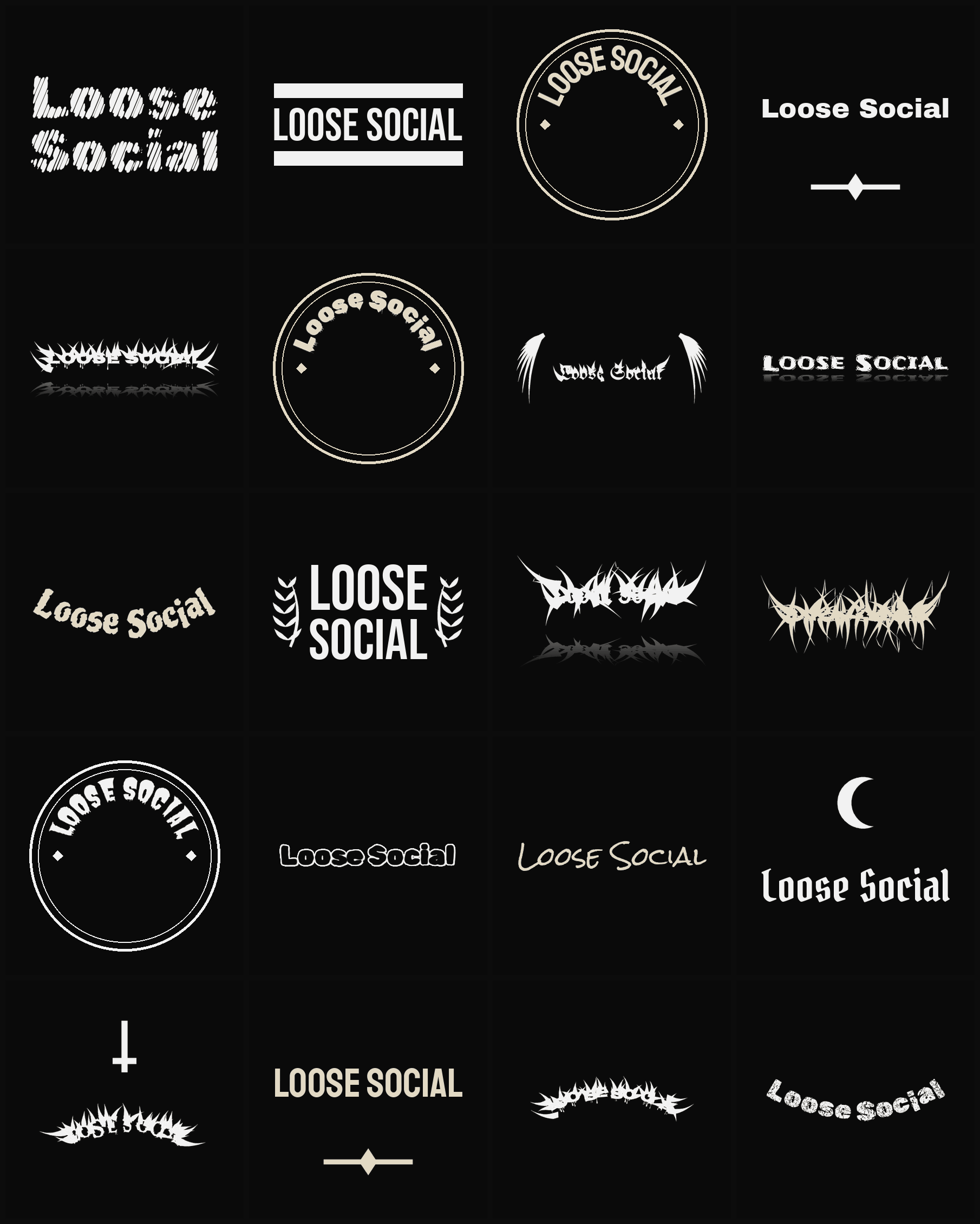 Twenty Loose Social band logo ideas — different faces, treatments and spike settings