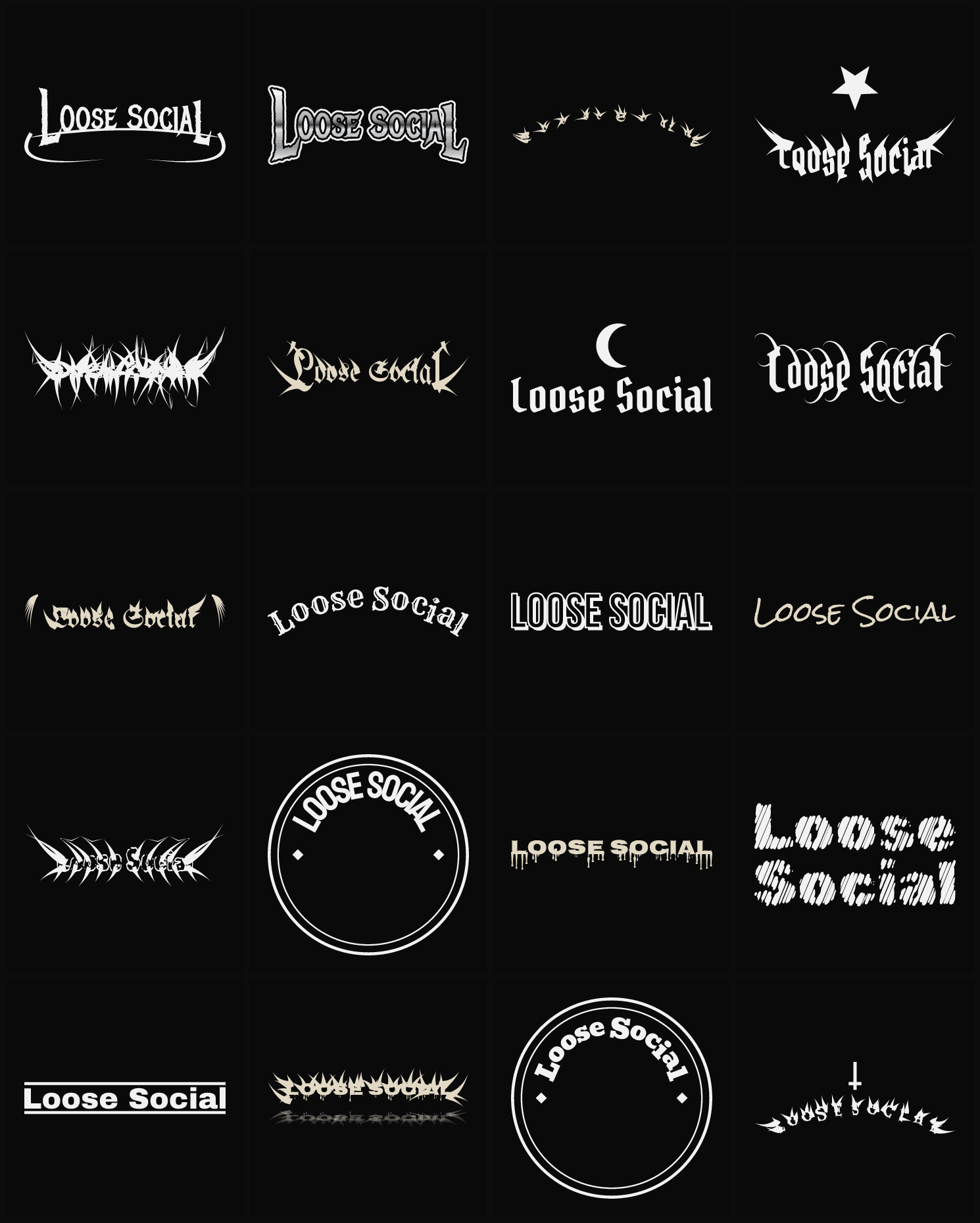 Twenty Loose Social band logo ideas — different faces, treatments and spike settings