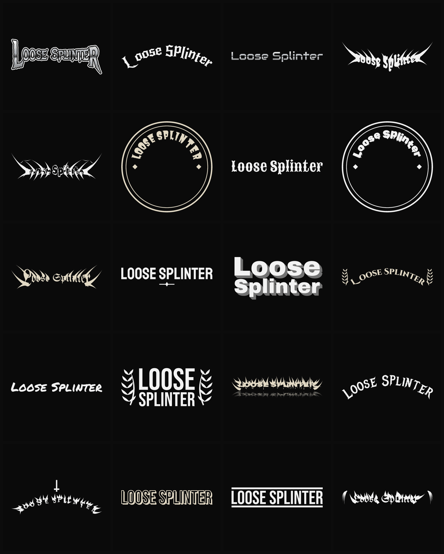 Twenty Loose Splinter band logo ideas — different faces, treatments and spike settings