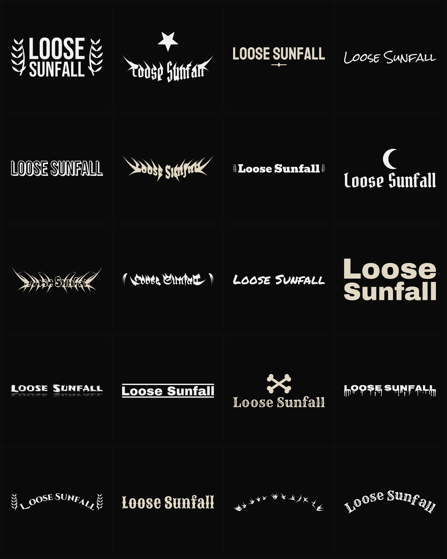 Twenty Loose Sunfall band logo ideas — different faces, treatments and spike settings