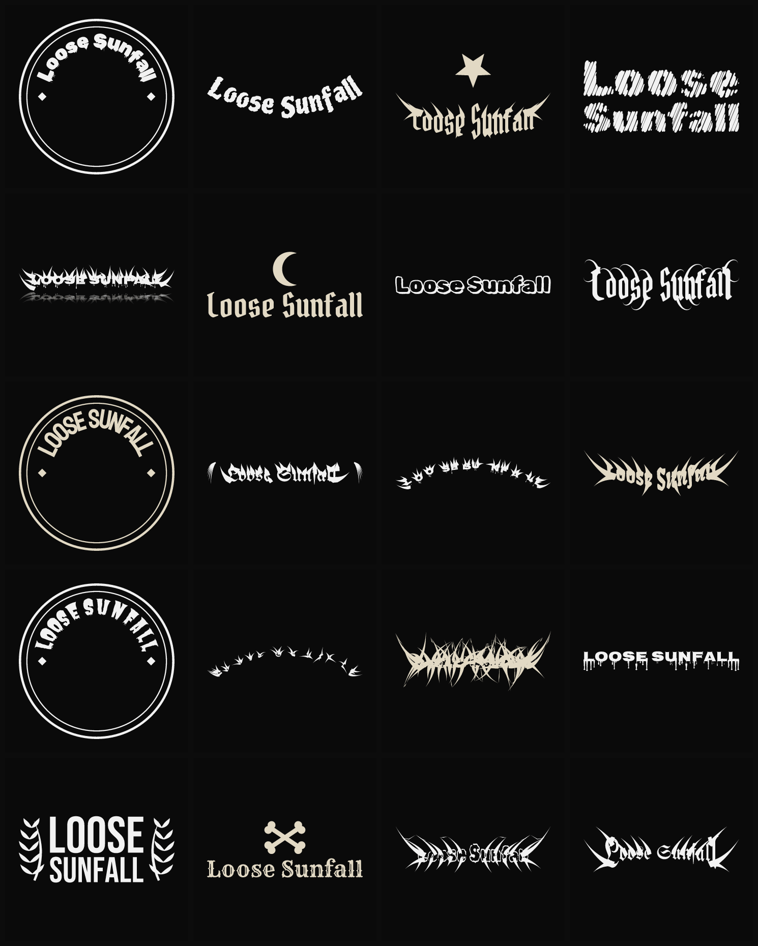 Twenty Loose Sunfall band logo ideas — different faces, treatments and spike settings