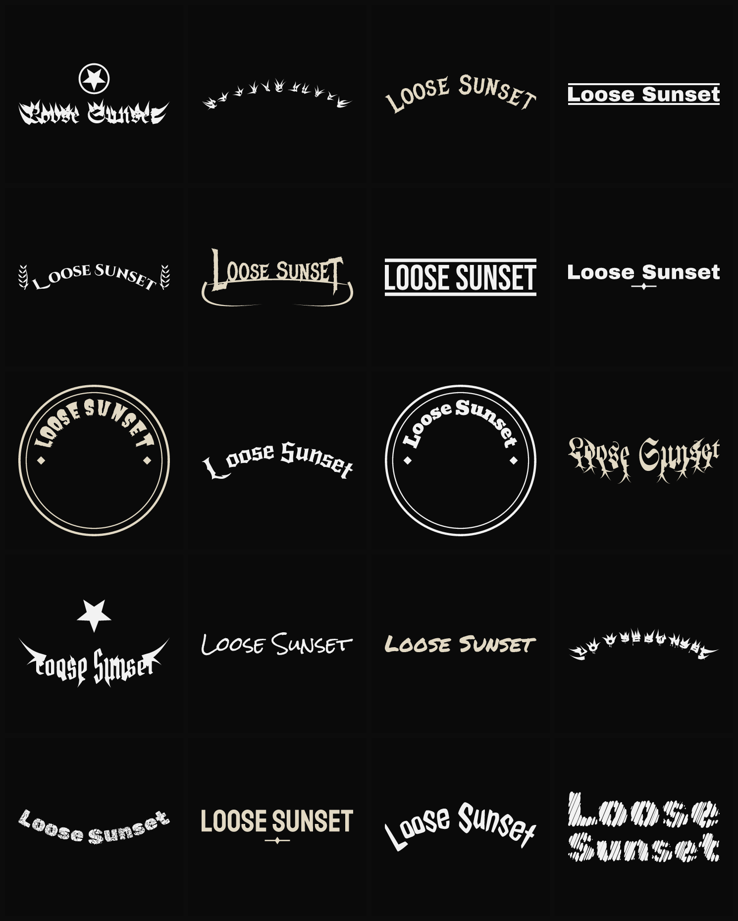 Twenty Loose Sunset band logo ideas — different faces, treatments and spike settings