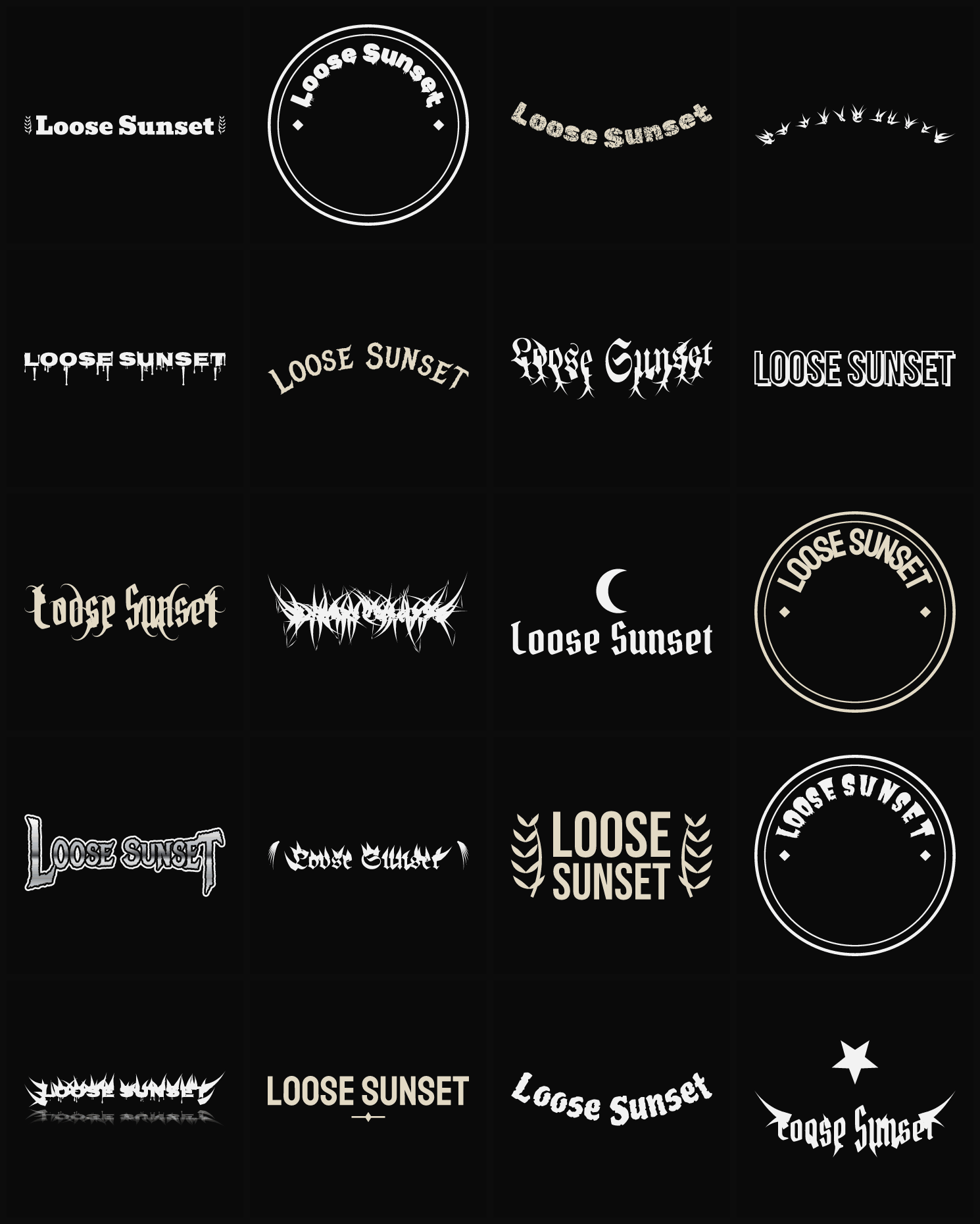 Twenty Loose Sunset band logo ideas — different faces, treatments and spike settings
