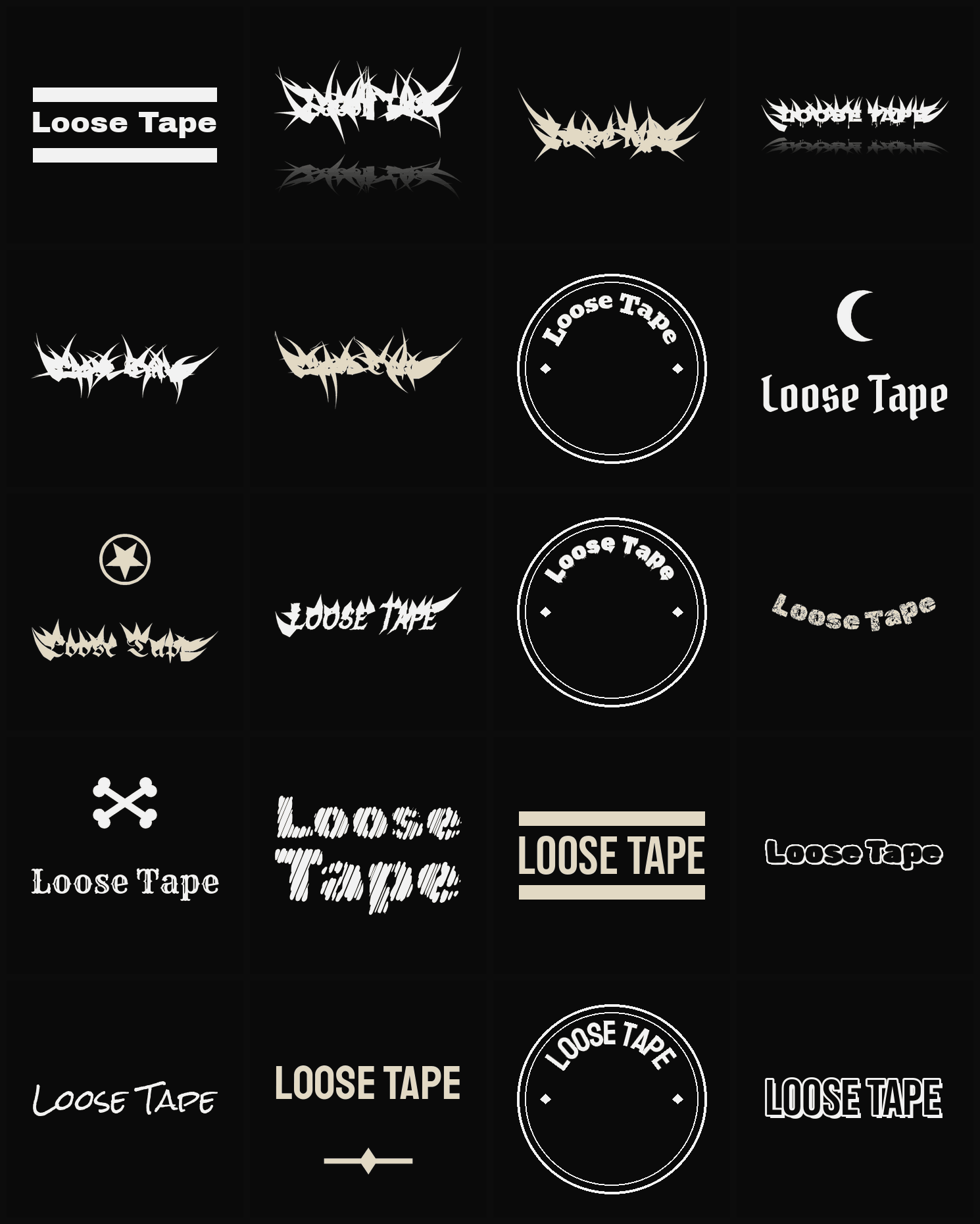 Twenty Loose Tape band logo ideas — different faces, treatments and spike settings