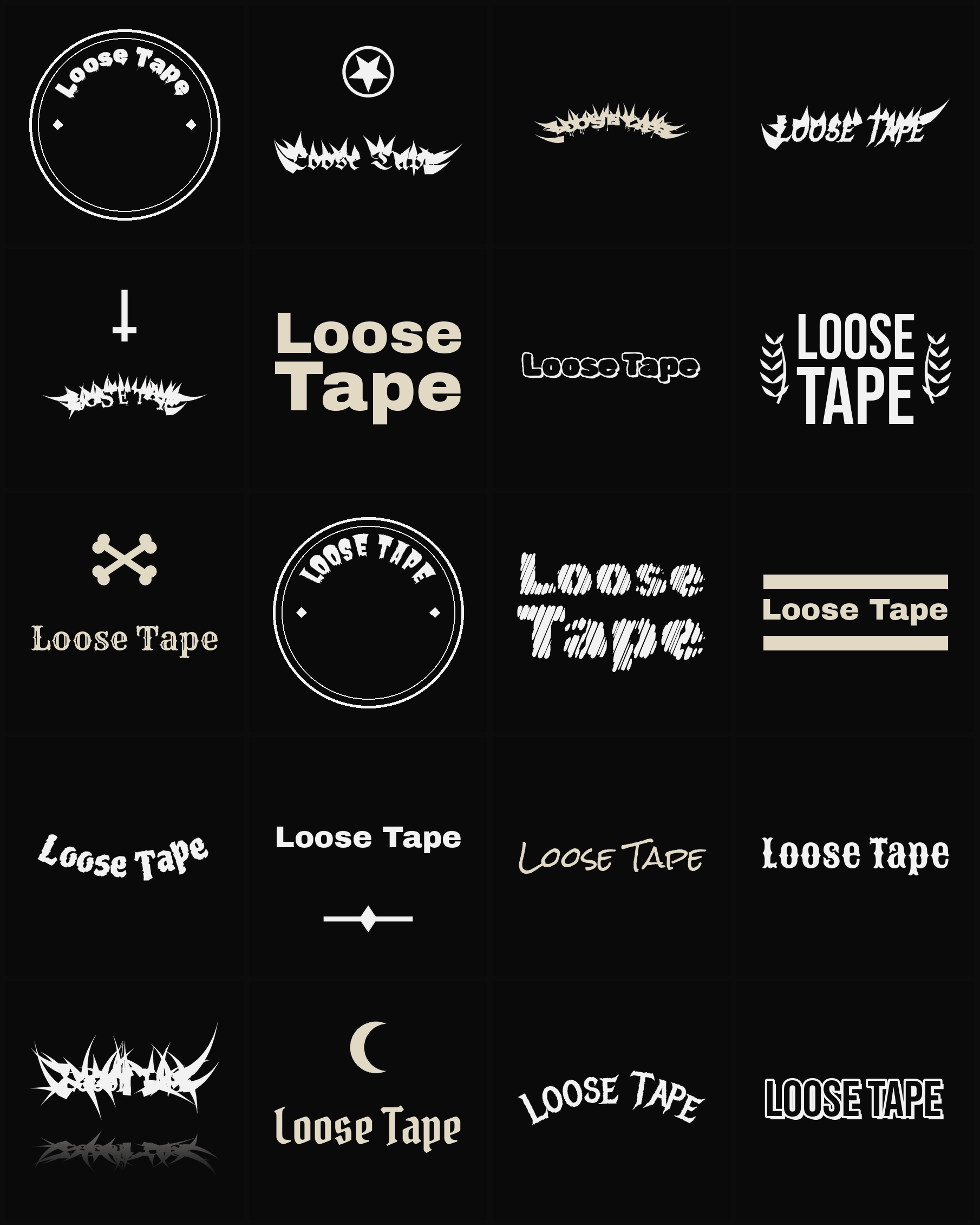 Twenty Loose Tape band logo ideas — different faces, treatments and spike settings