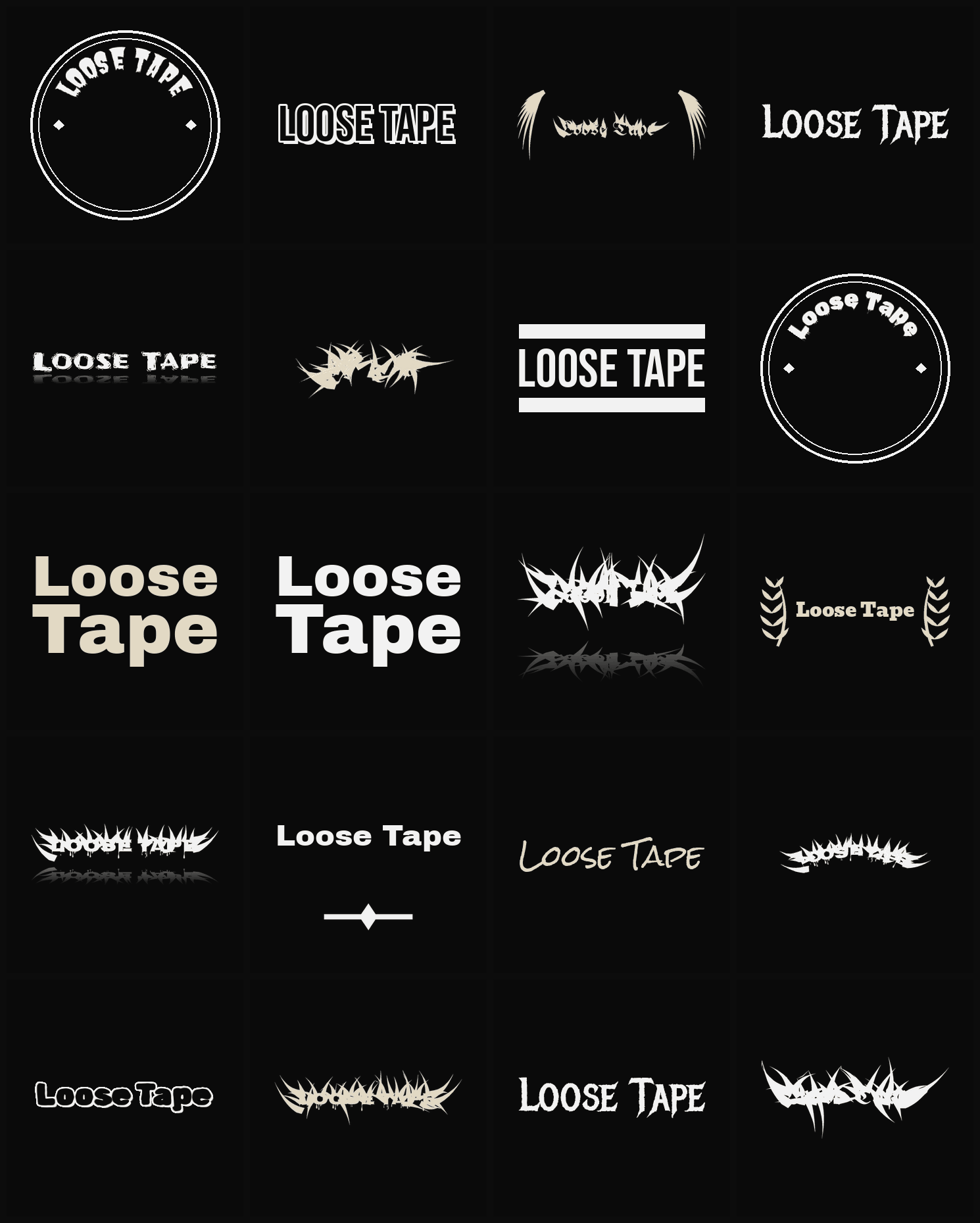 Twenty Loose Tape band logo ideas — different faces, treatments and spike settings