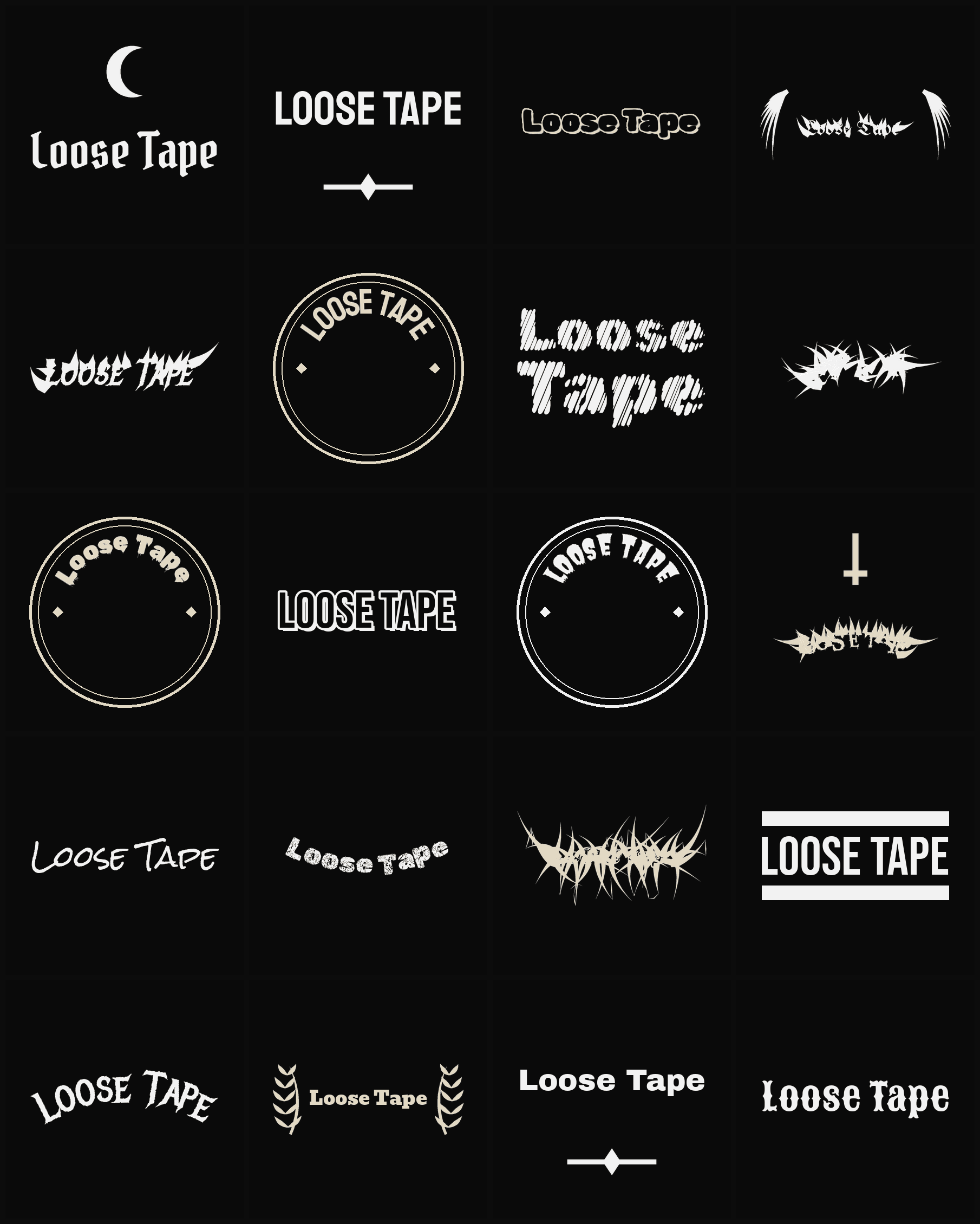 Twenty Loose Tape band logo ideas — different faces, treatments and spike settings