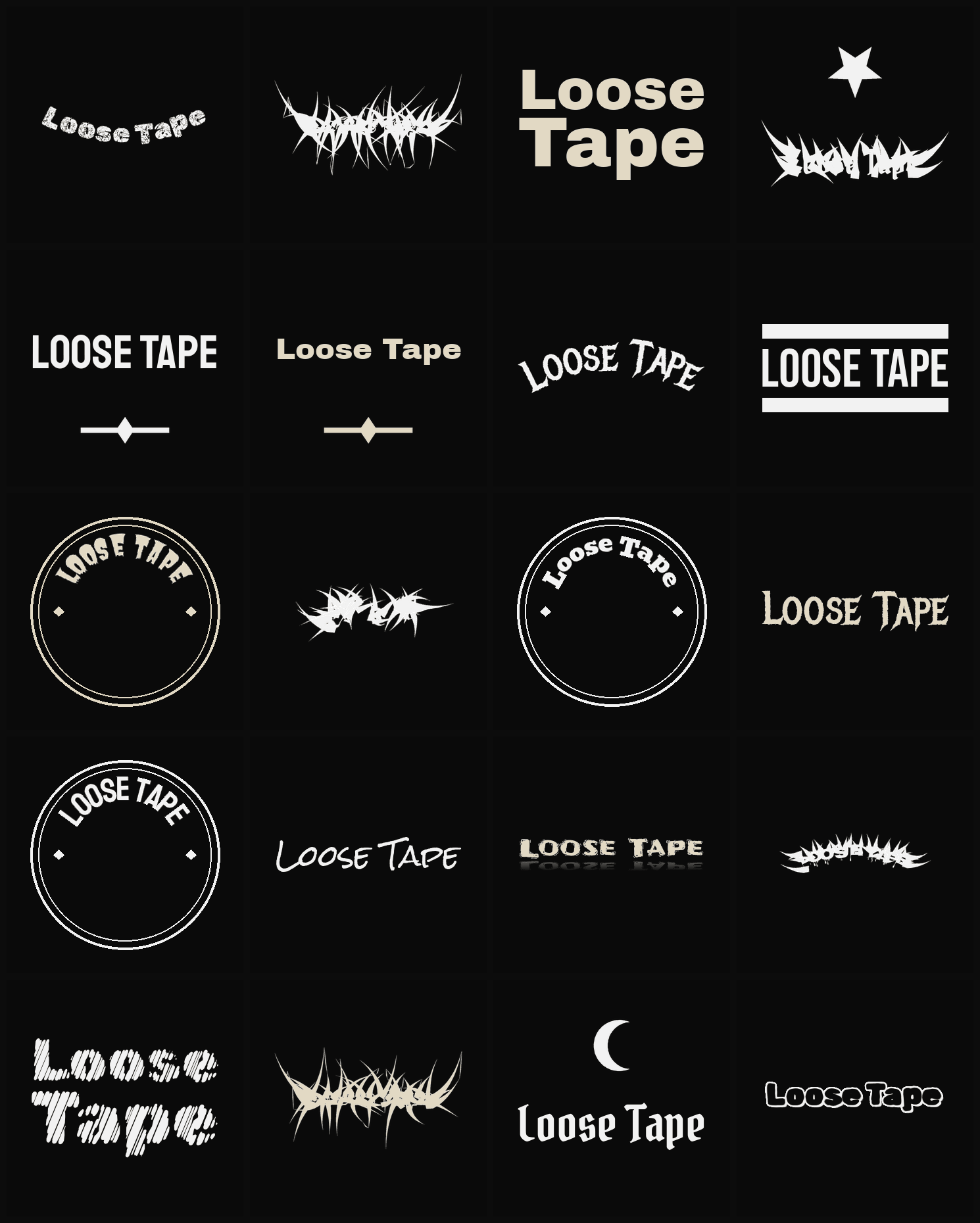 Twenty Loose Tape band logo ideas — different faces, treatments and spike settings