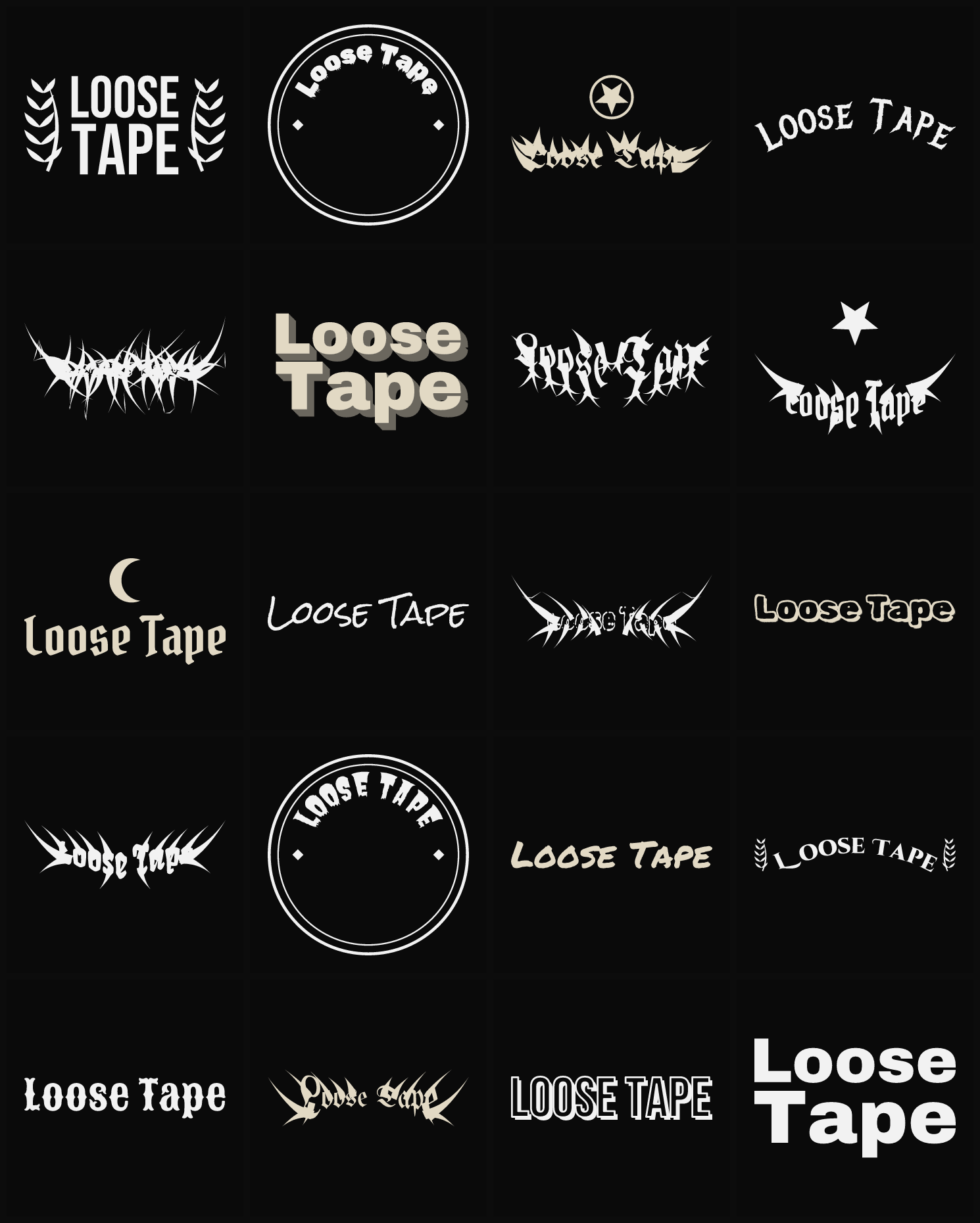 Twenty Loose Tape band logo ideas — different faces, treatments and spike settings