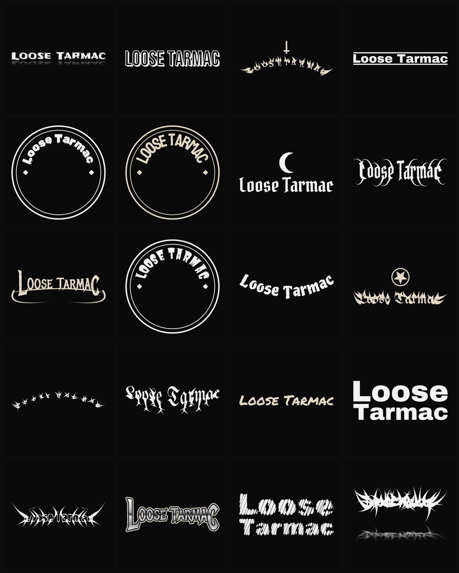 Twenty Loose Tarmac band logo ideas — different faces, treatments and spike settings