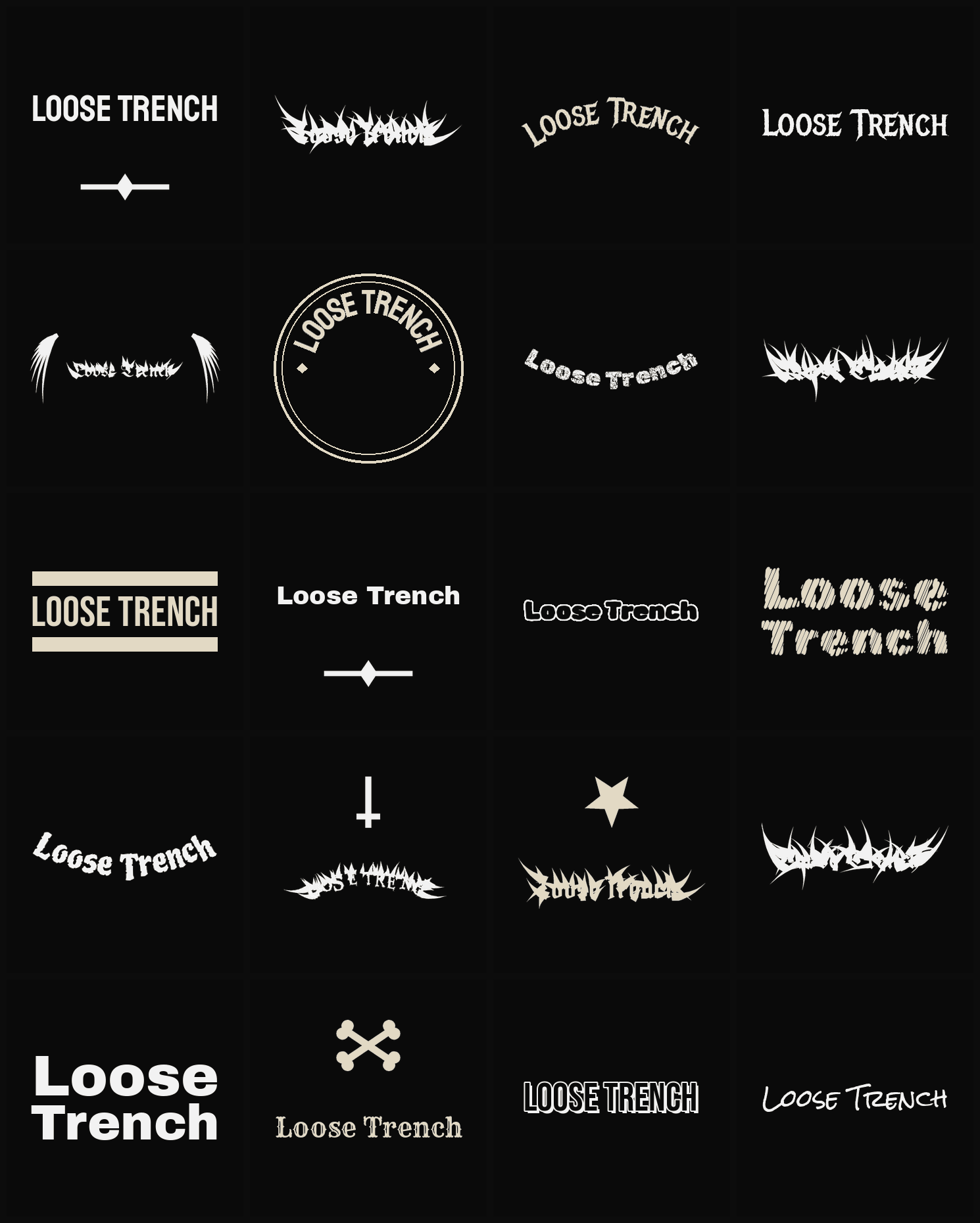 Twenty Loose Trench band logo ideas — different faces, treatments and spike settings