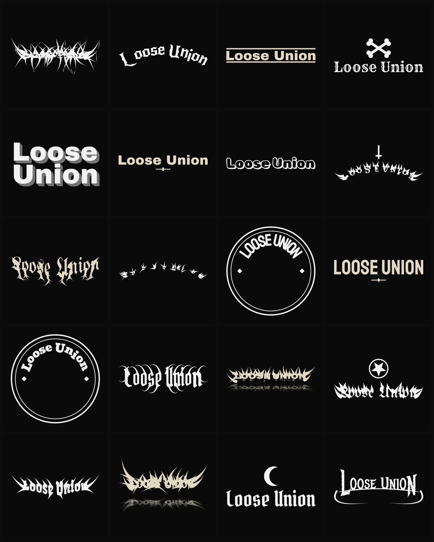 Twenty Loose Union band logo ideas — different faces, treatments and spike settings