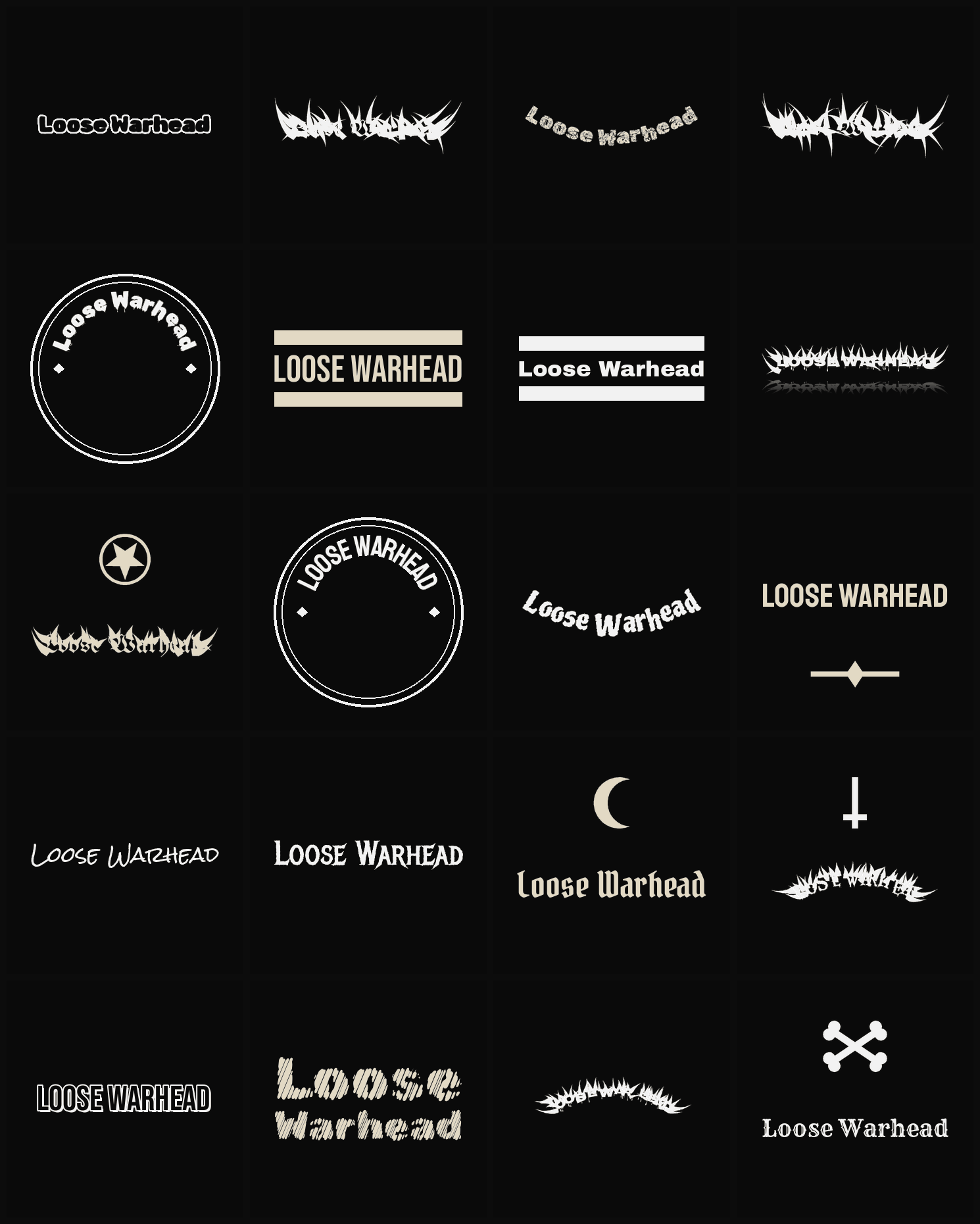 Twenty Loose Warhead band logo ideas — different faces, treatments and spike settings