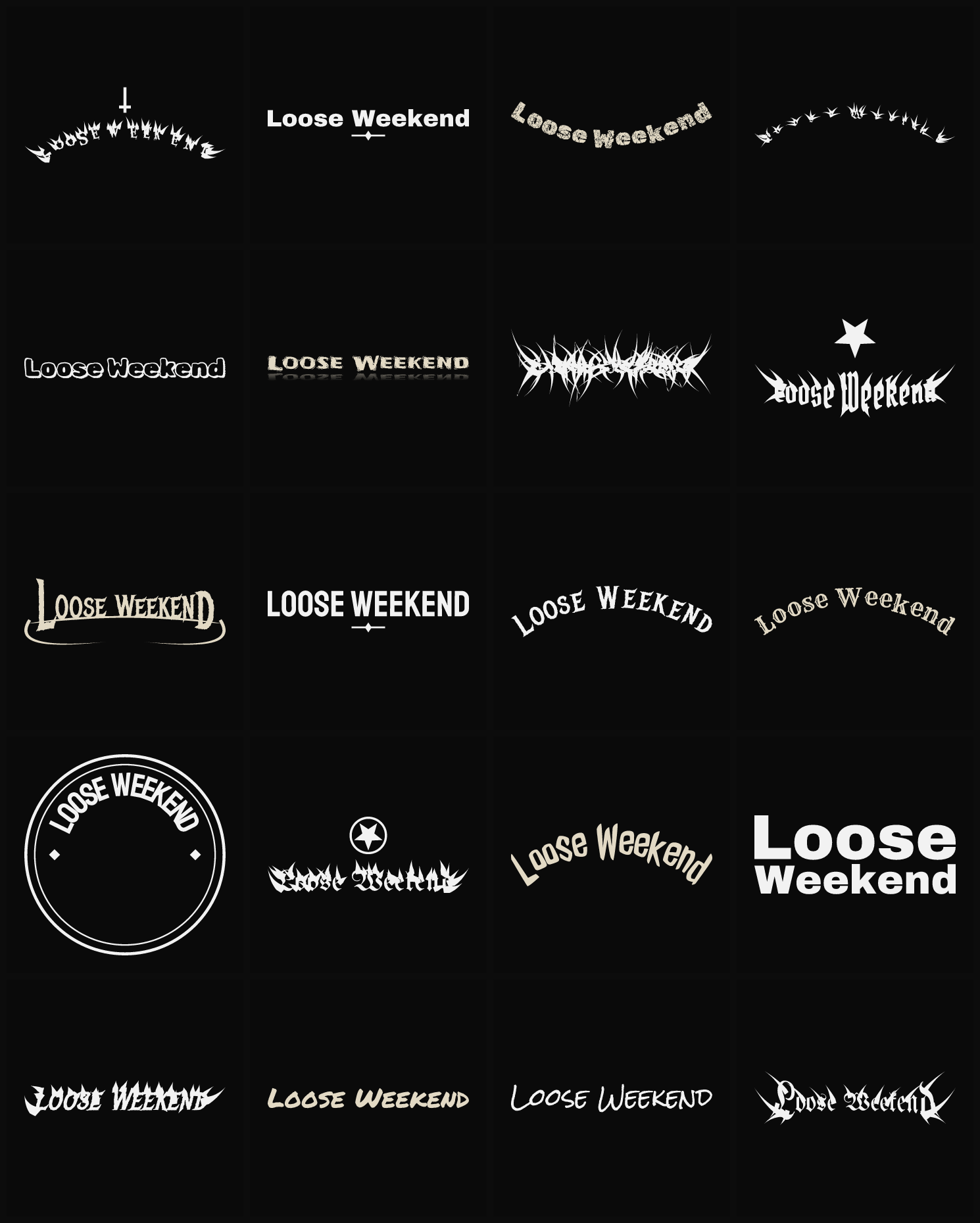 Twenty Loose Weekend band logo ideas — different faces, treatments and spike settings